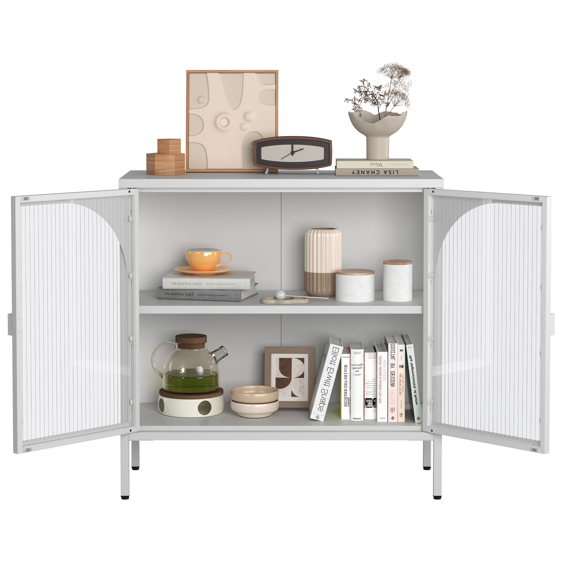 Metal Sideboard Cabinet,Accent Storage Cabinet With 2 Glass Doors,Modern Coffee Bar Cabinet With Adjustable Shelves 154 Lbs Capacity For Kitchen, Living Room And Hallway, White Accent Chests 1 2 Shelves Antique White Primary Living Space Glass Doors