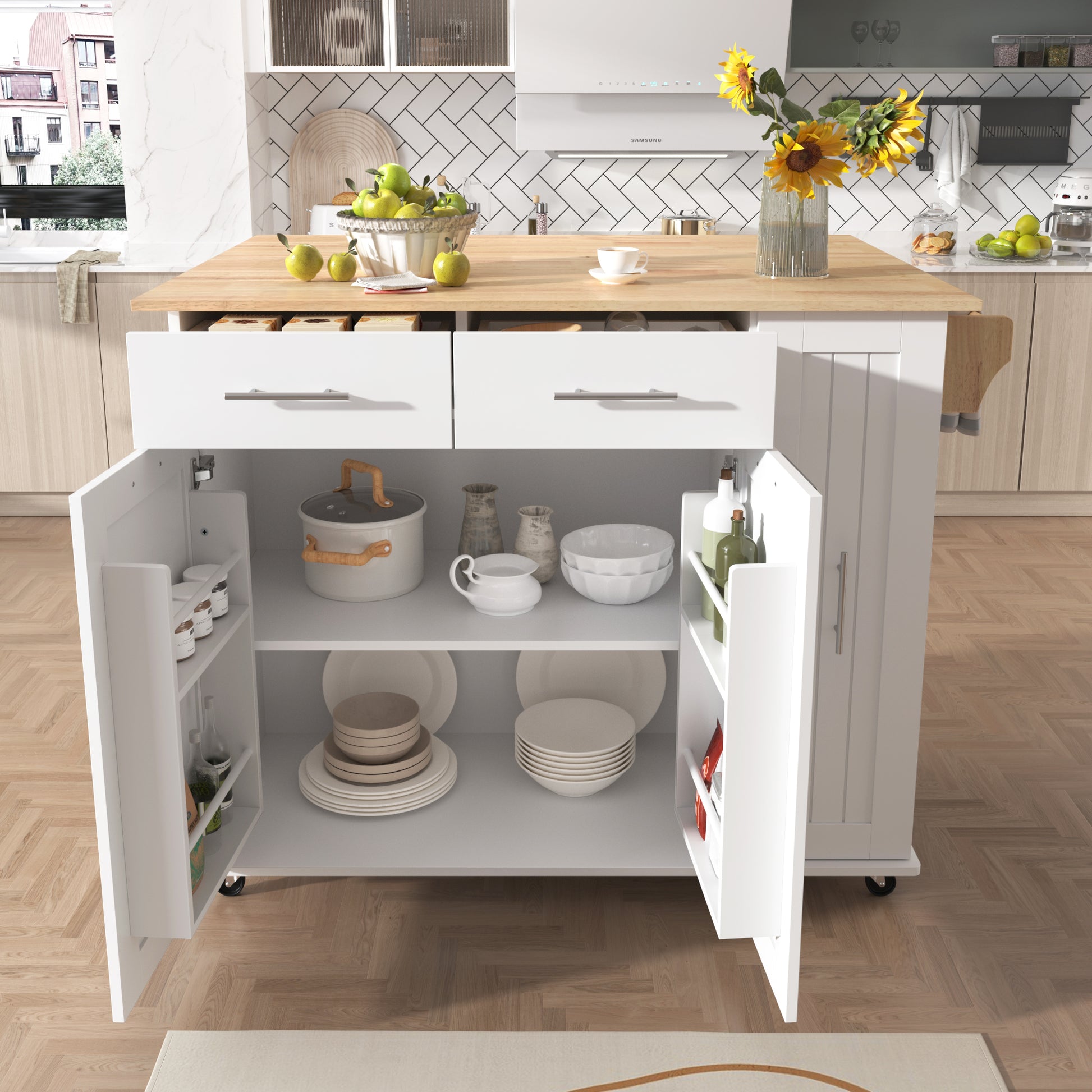 K&K Kitchen Island With Drop Leaf, Kitchen Storage Cart With 3 Tier Pull Out Cabinet Organizer, Internal Storage Rack, Rolling Kitchen Cart On Wheels With Towel Rack, 2 Drawers, For Kitchen, White White Brown Kitchen Classic,Farmhouse,Luxury,Modern