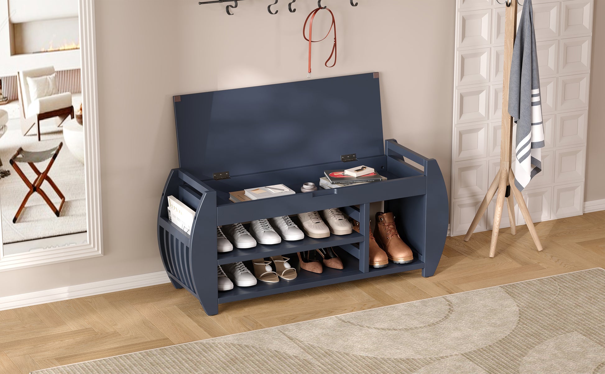 Retro Multifunctional Storage Bench With Cushion And Curved Side Panel For Entrance And Living Room Antique Navy Antique Navy Mdf