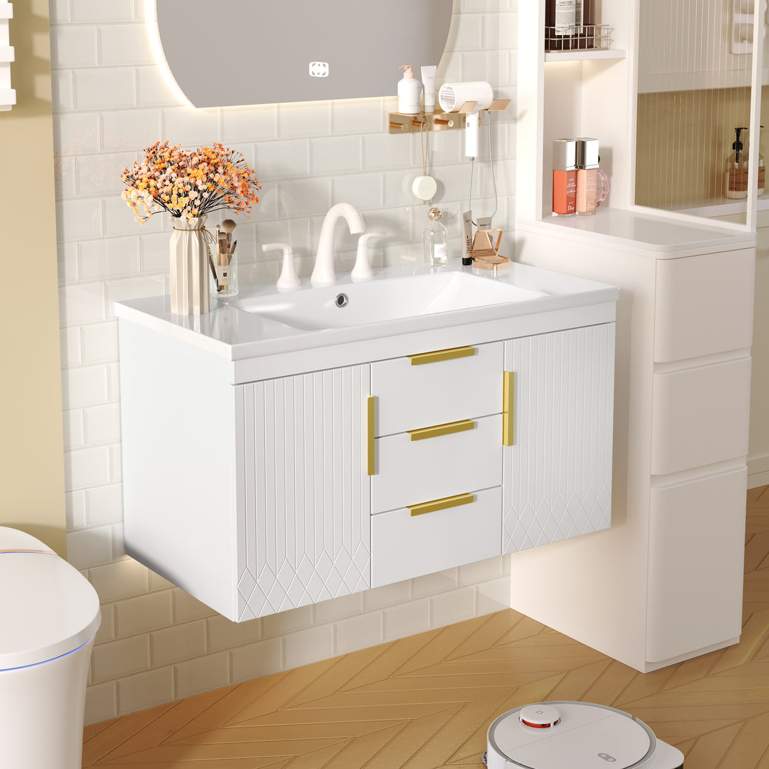 36'' Wall Mounted Bathroom Vanity With Resin Sink, Floating Bathroom Storage Cabinet With 2 Drawers, Solid Wood Bathroom Cabinet White Bathroom Modern Mdf