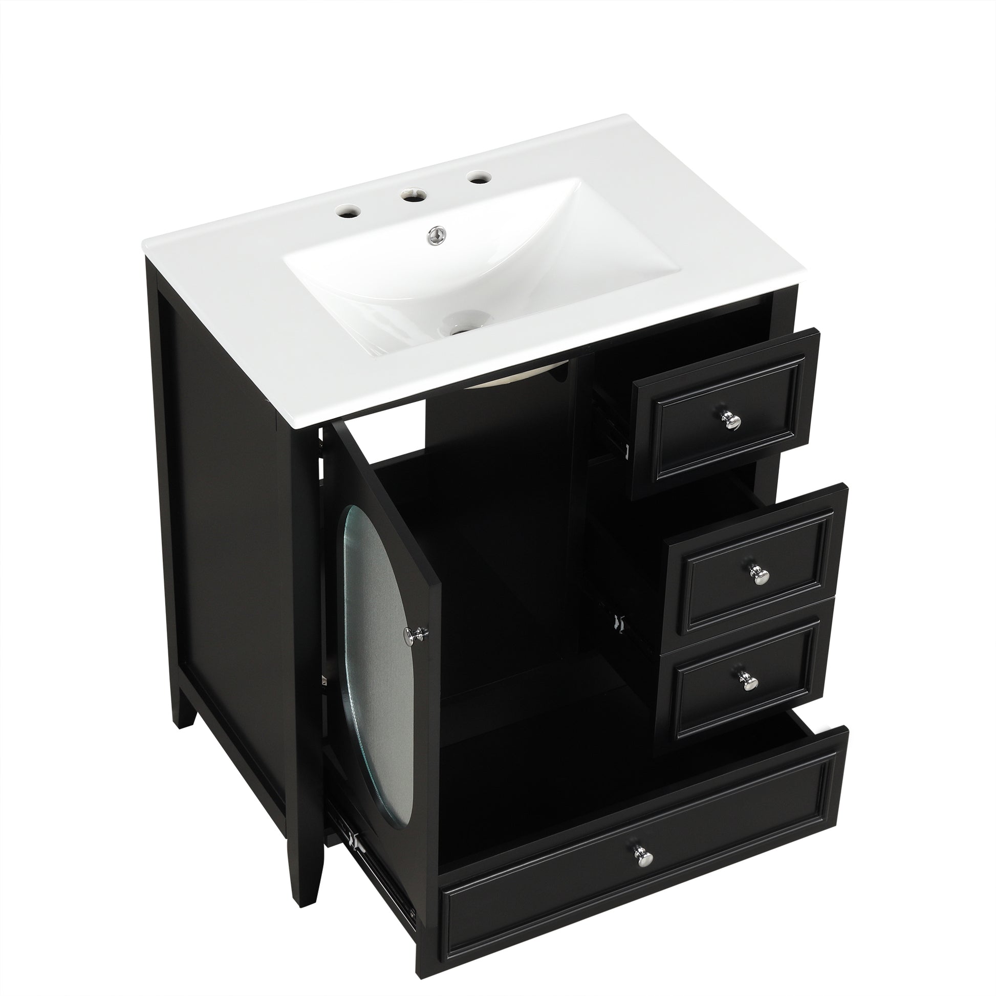 30" Bathroom Vanity With Sink, Bathroom Vanity Cabinet With Three Drawers And Door, Solid Wood And Mdf, Black Black Solid Wood Mdf