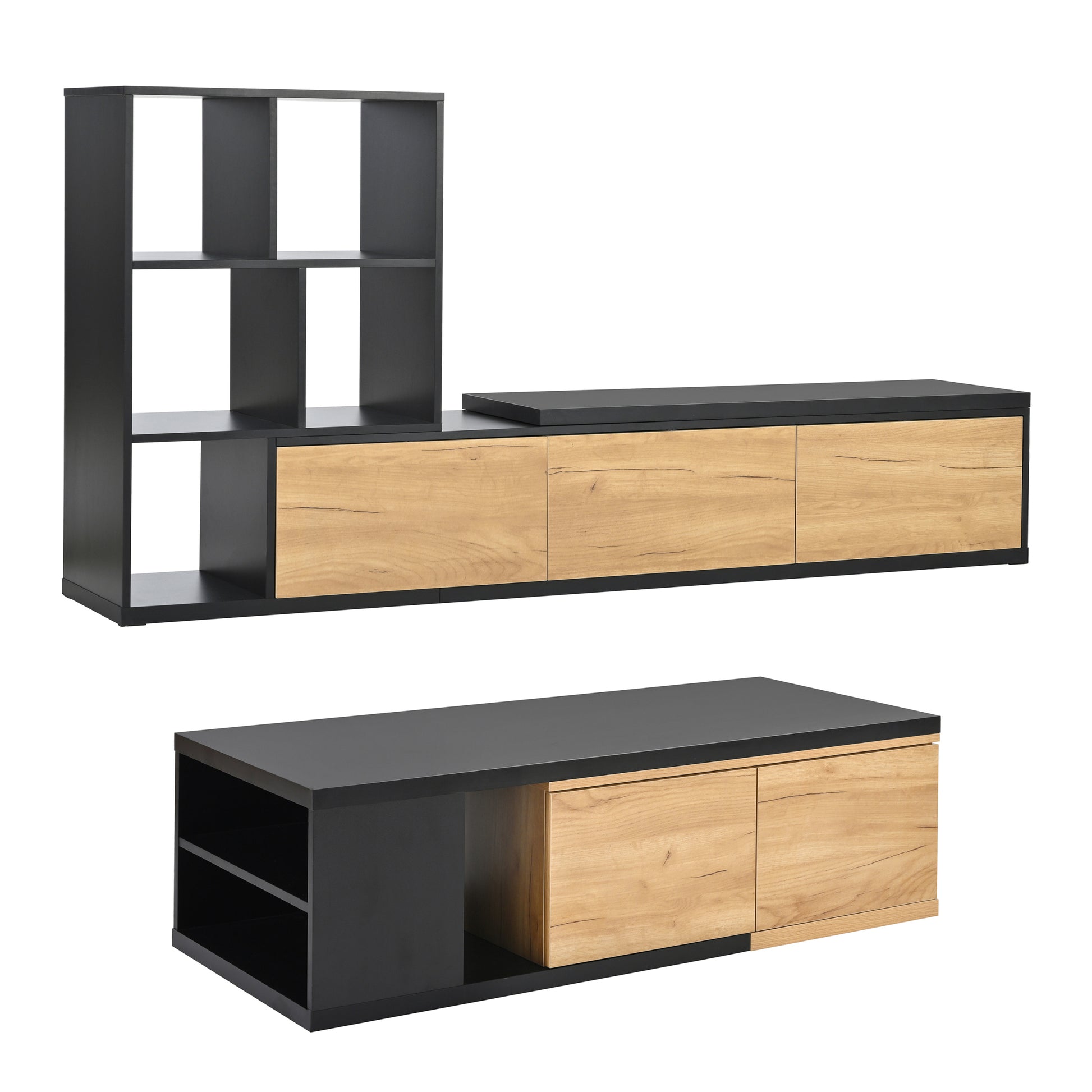 Extendable Tv Stand And Coffee Table, Set Of 2, Media Console With 3 Tier Bookshelves For Tvs Up To 110'', Dual Tone Center Table With Sliding Tabletop For Living Room, Black Black 90 Inches Or Larger Particle Board Mdf