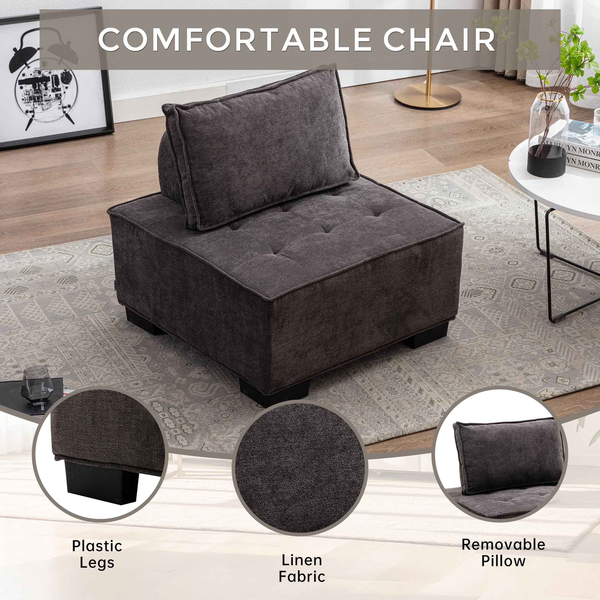 Coolmore Modern Upholstered Chair Leisure Sofa Lazy Sofa Plastic Legs And Pillow Removable Armless Accent Chair For Living Room,Bedroom,Office Black Linen Black Foam Linen