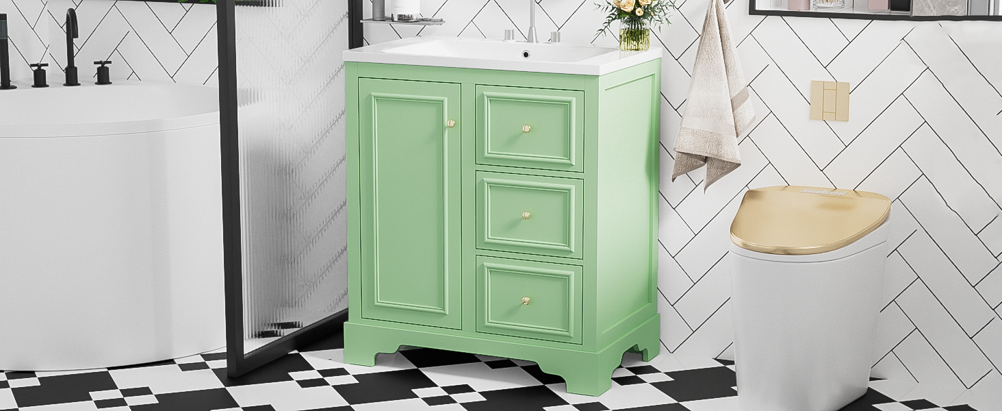 30 Inch Bathroom Vanity Cabinet With Ceramic Basin, 3 Drawers And Adjustable Shelves Green Bathroom Solid Wood Mdf