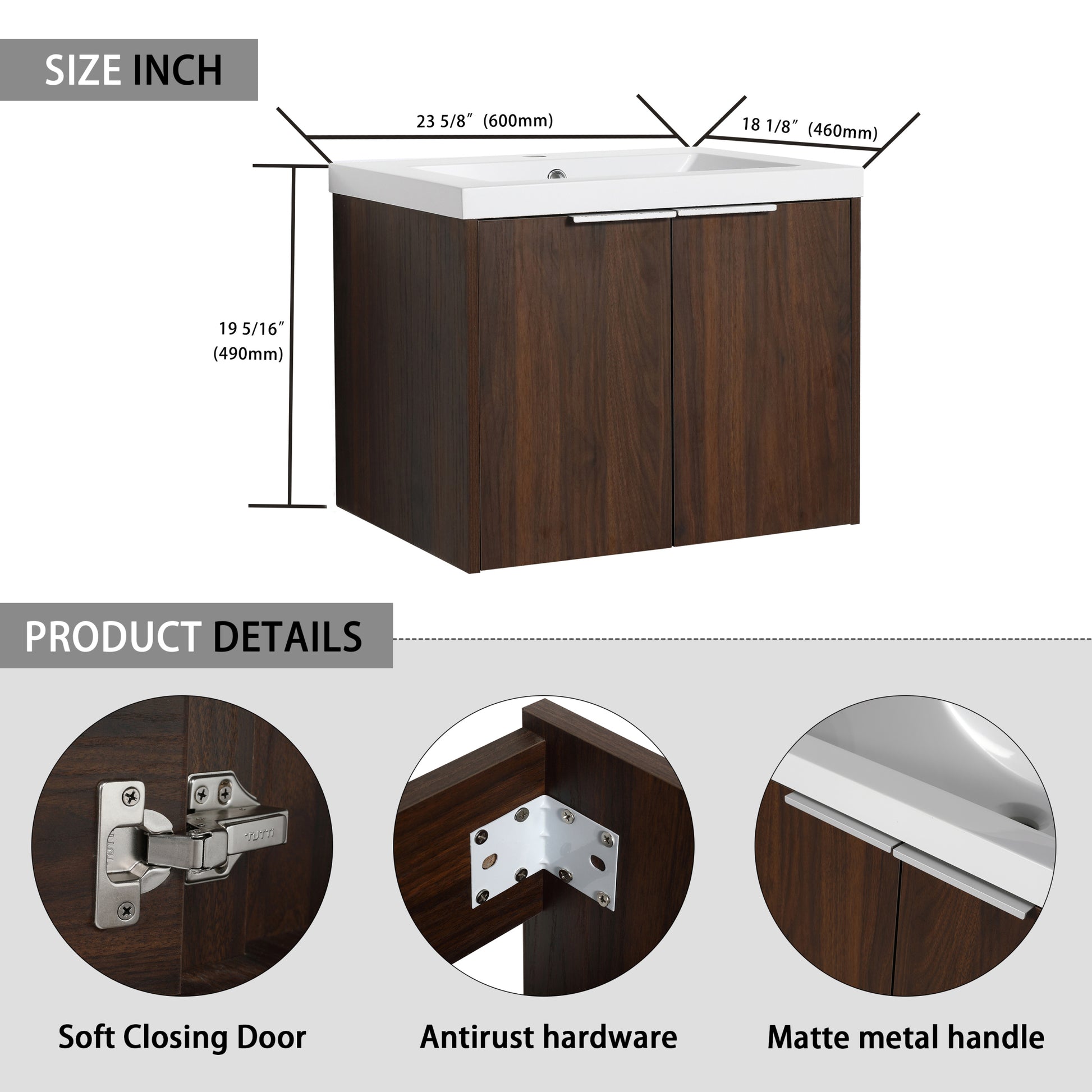 Bathroom Cabinet With Sink,Soft Close Doors,Float Mounting Design,24 Inch For Small Bathroom,24X18 00624Caw Kd Packing California Walnut Bathroom Modern Plywood Plywood