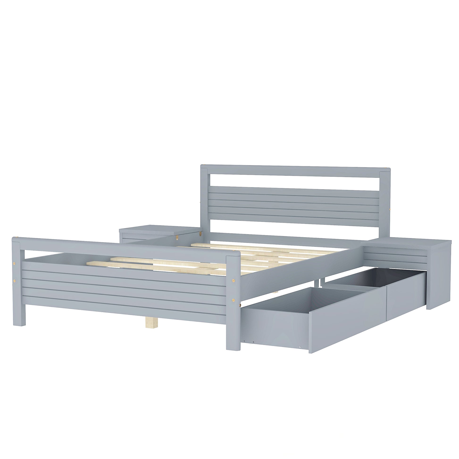 Full Size Wooden Platform Bed With 2 Storage Drawers And 2 Bedside Tables, Gray Full Gray Pine