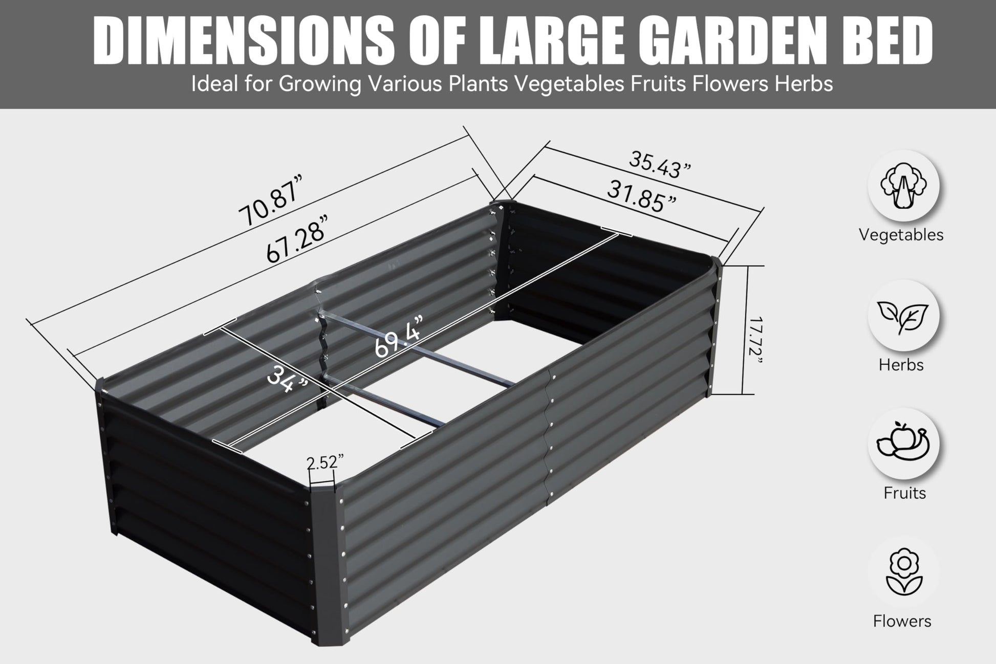 6X3X1.5Ft Galvanized Raised Garden Bed, Outdoor Planter Garden Boxes Large Metal Planter Box For Gardening Vegetables Fruits Flowers, Gray Gray Garden & Outdoor Steel