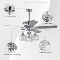 52'' Crystal Ceiling Fan Lamp With Remote Control 3 Speed High, Mid, Low , 5 Reversible Blades For Living Room, Dining Room, Bedroom, Family Room, Chrome ,3Pcs*E26 No Include Bulb Chrome American Traditional,Antique,Classic,Contemporary Plywood Metal