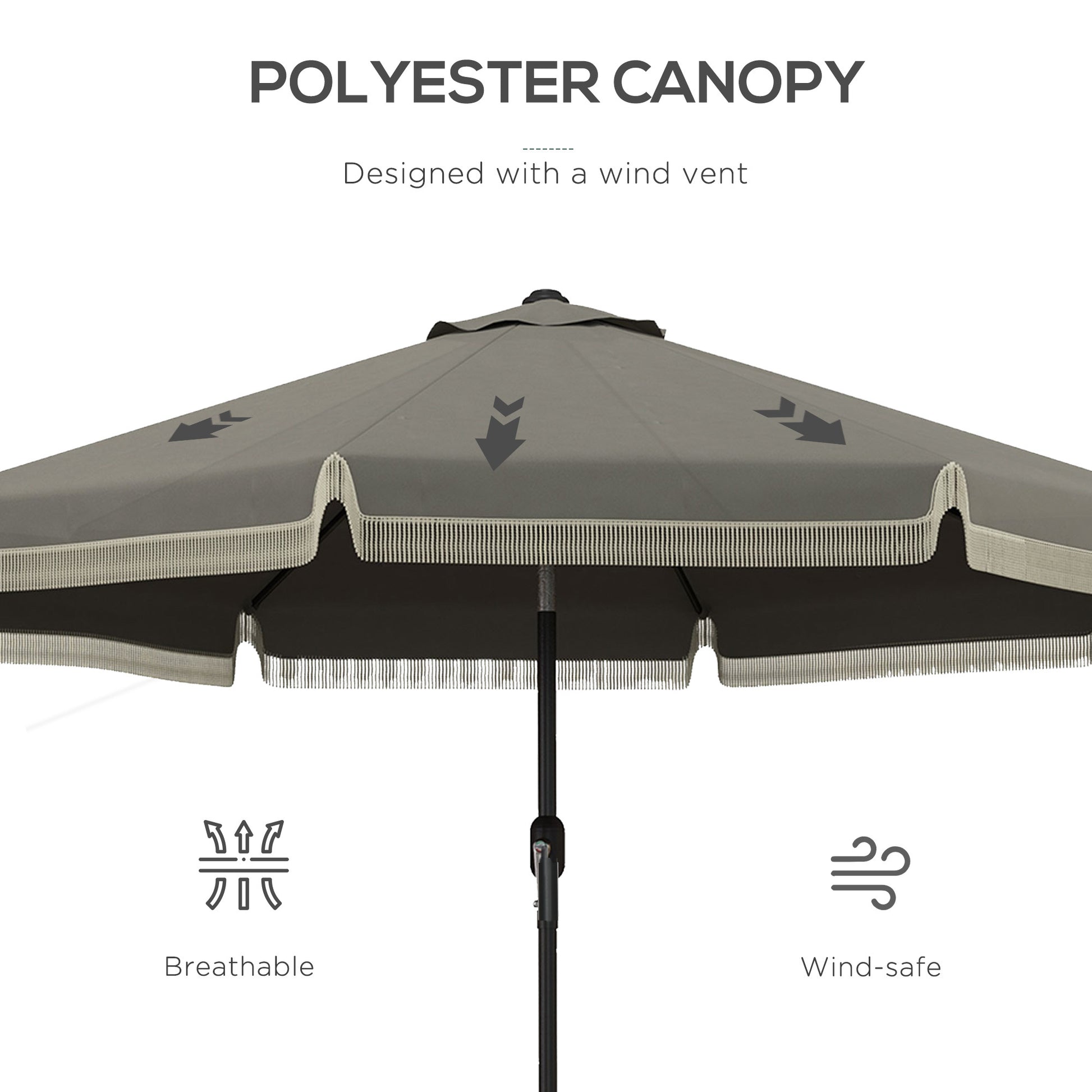 Outsunny 9Ft Patio Umbrella With Push Button Tilt And Crank, Ruffled Outdoor Market Table Umbrella With Tassles And 8 Ribs, For Garden, Deck, Pool, Dark Gray Dark Grey Polyester