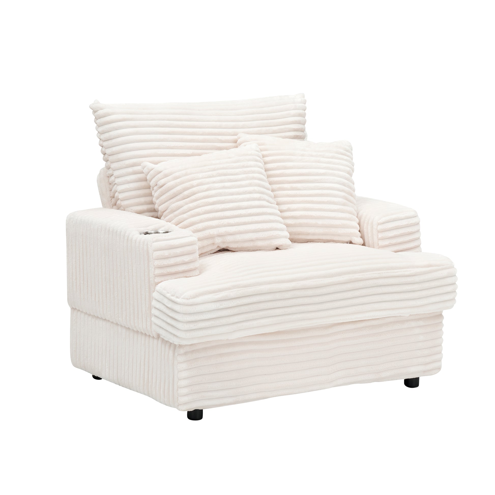 39 Inch Spring Upholstered Armchair And Ottoman Set Comfortable Single Sofa With Cup Holder And Corduroy Fabric, Perfect For Living Room Or Bedroom White Corduroy 1 Seat