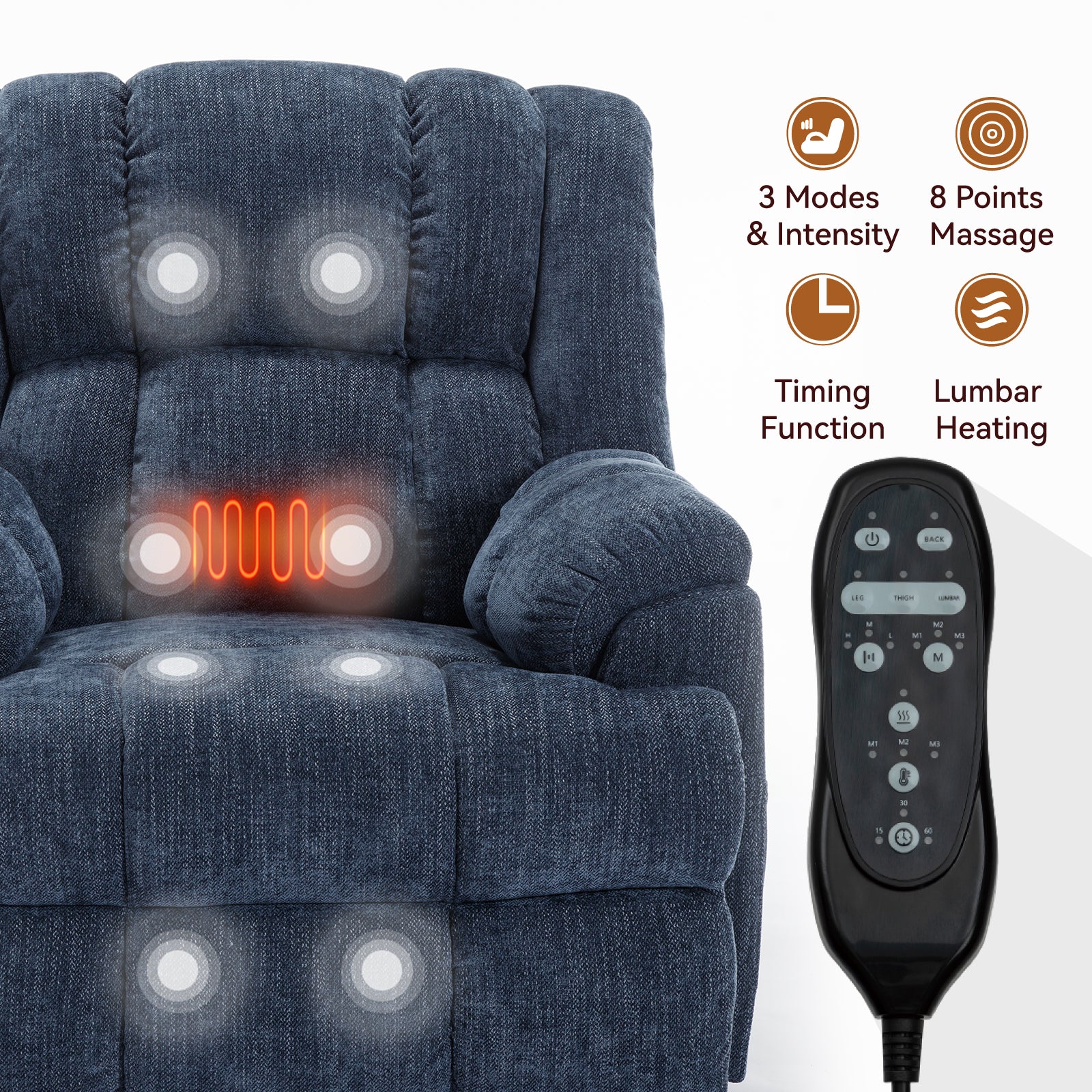 Dual Motor Heat Massage Infinite Position Up To 350 Lbs Electric Power Lift Recliners With Power Remote, Medium Firm And Heavy Duty, Blue Blue Chenille Power Remote Metal Primary Living Space Medium Firm Pillow Back Heavy Duty American Design Pine Pillow