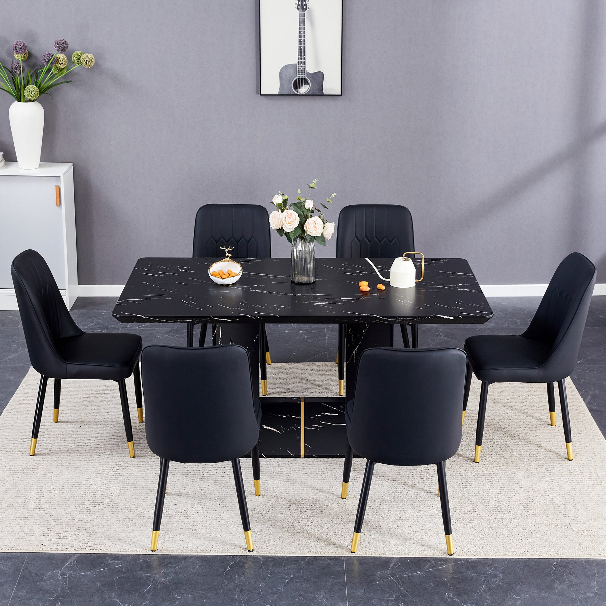 Table And Chair Set.This Modern Dining Table With Mdf Marbled Design Gives You A Luxurious And Elegant Feel.Paired With Multiple Chairs With Pu Artificial Leather Backrest Cushions And Black Legs. Black Seats 6 Mdf