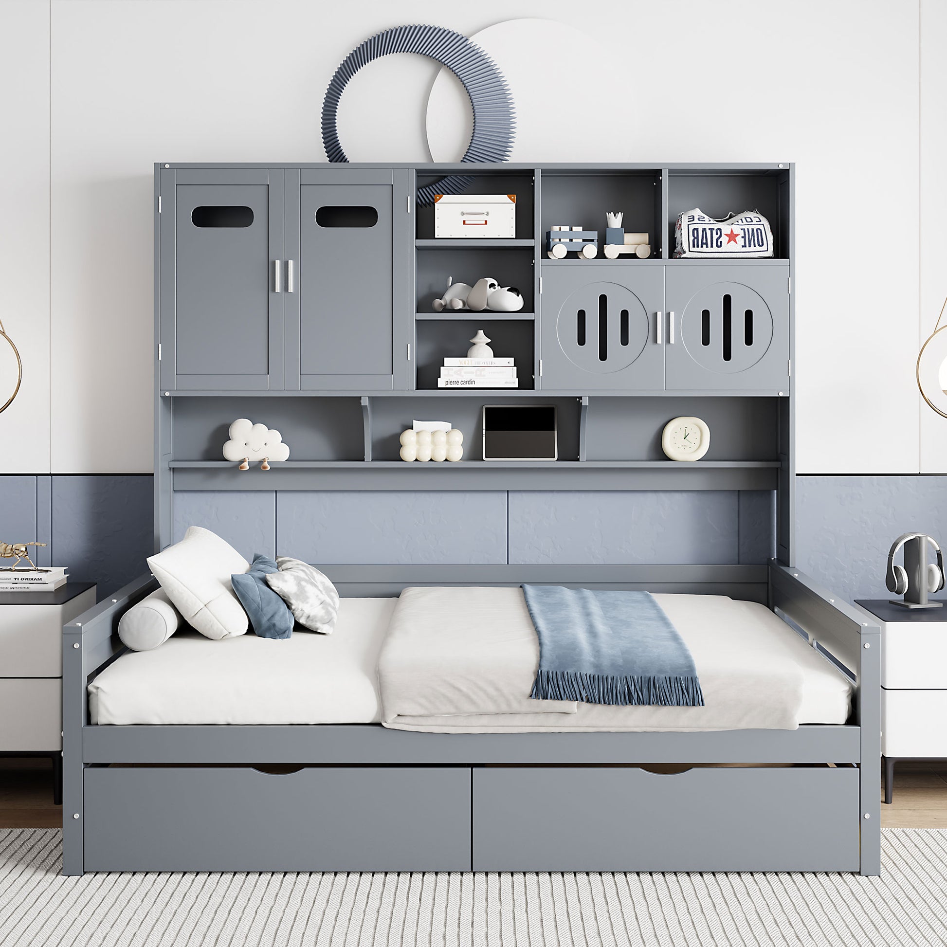 Full Size Wooden Daybed With 2 Drawers, And All In One Cabinet And Shelf, Gray Full Gray Wood