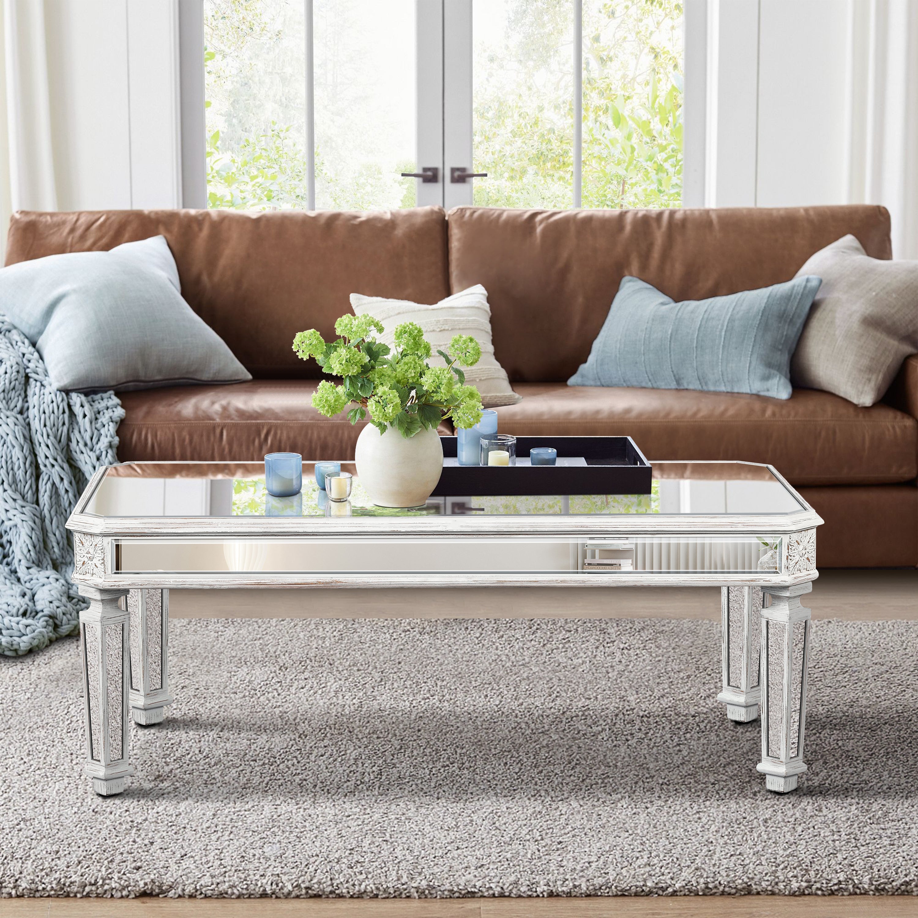 Silver Mirrored Coffee Table, Vintage Carved Elements, Rectangle Glass