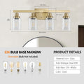 Golden 4 Light Vanity Light With Clear Glass Shades, Modern Iron Metal Bathroom Wall Fixture For Mirror, Ideal For Bathroom And Dressing Table No Bulbs Golden Glass,Iron