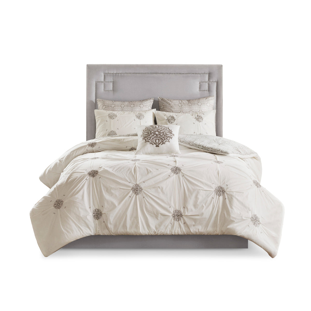 6 Piece Embroidered Cotton Reversible Comforter Set Ivory Full Queen Full Ivory Polyester