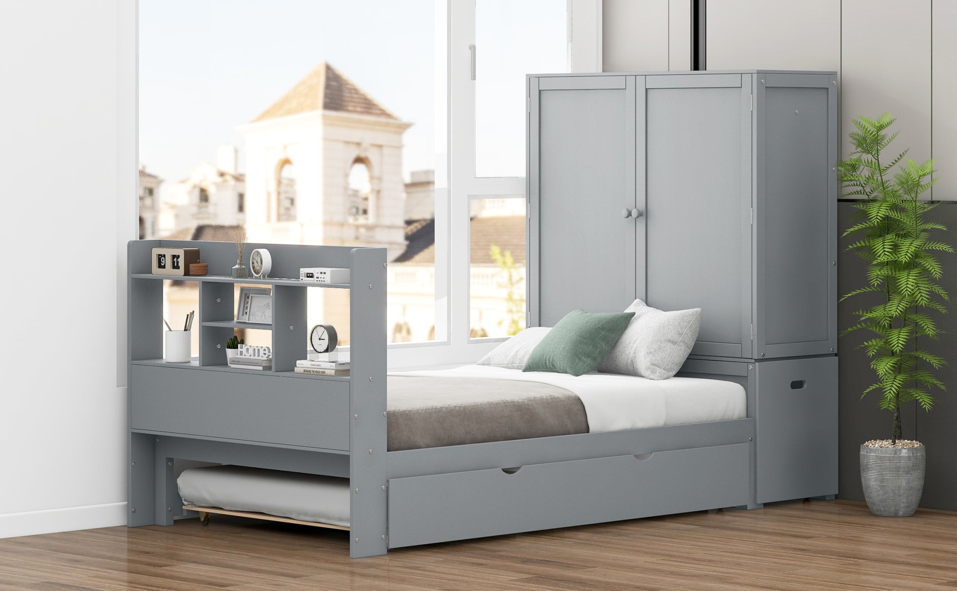 Twin Size Platform Bed With Storage Headboard And Footboard, Pull Out Shelves And Twin Size Trundle, Gray Box Spring Not Required Twin Gray Wood Bedroom Bed Frame Solid Wood Mdf