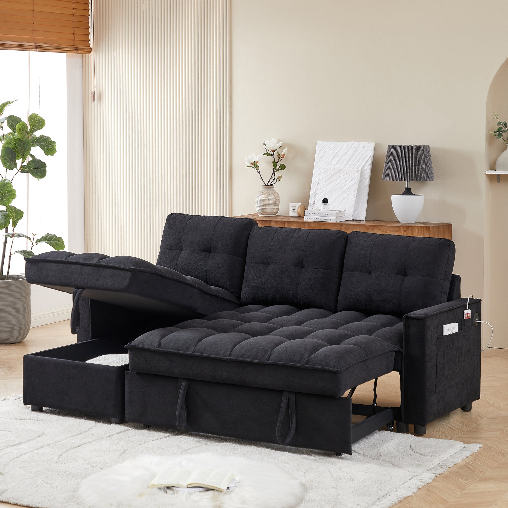 Mh 78.75" Reclining Sofa, Pull Out Sofa Bed With Usb And Tape C Charging Ports, L Shaped Sectional Sofa With Reclining Storage And Arm Side Organizer Pocket Features, Living Room Comfort Sofa Black Chenille Wood Primary Living Space Eucalyptus Foam