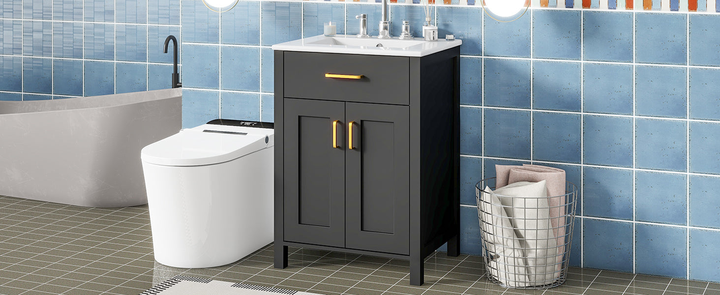 24"Bathroom Vanity Combo With Ceramic Sink, Luxurious Space Saving Vanity W24"*D18"*H34"Inch, 2 Soft Close Doors Black Bathroom Solid Wood Mdf