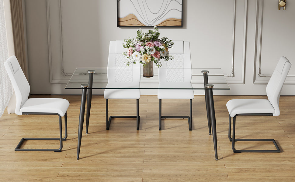 1 Table And 4 Chairs Set.Rectangular Table With Transparent Tempered Glass Tabletop And Black Metal Legs.Paired With 4 Chairs With Pu Leather Cushioned Seats And Black Metal Legs.Dt 1544 C 001 Transparent Glass Metal