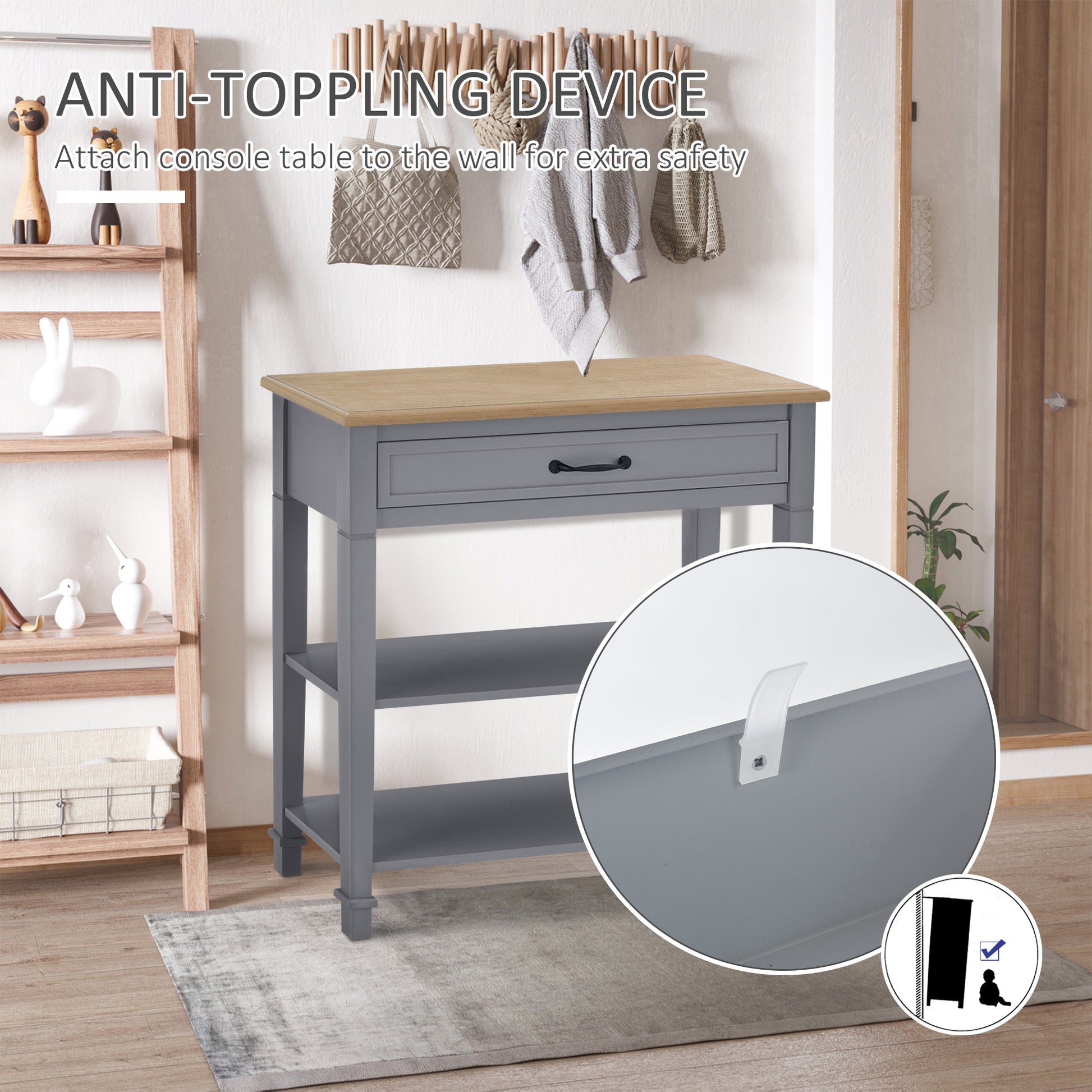Homcom Modern Style Sofa Console Entry Hallway Table With Drawer And Shelves, Sturdy Build, And Large Storage, Grey Grey Mdf