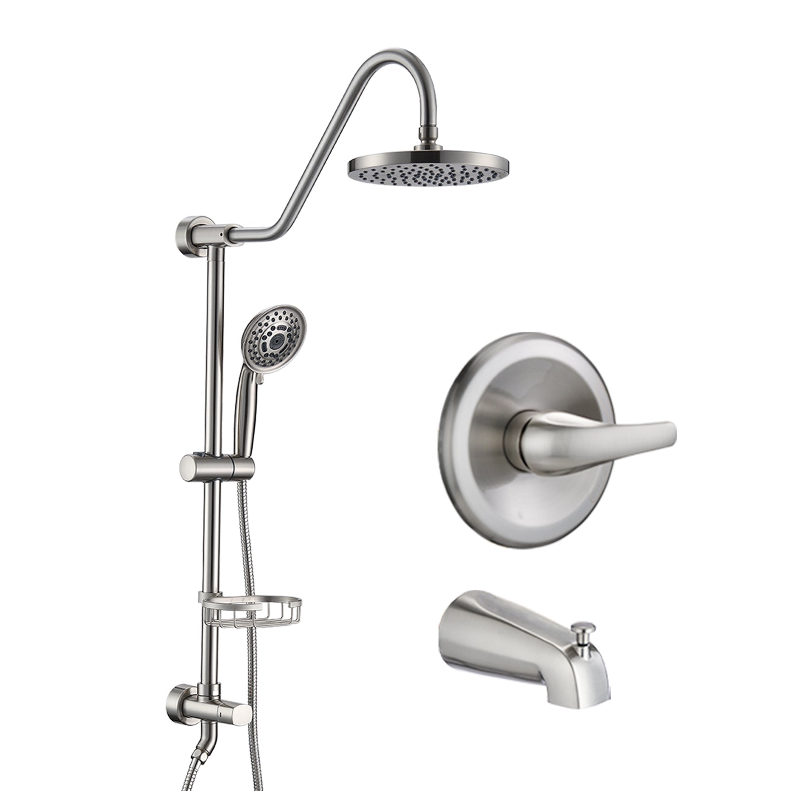 Brushed Nickel 7.8" Rain Shower And Handheld Shower System With Slide Bar And Tub Spout, 2 In 1 Tub Set Brushed Nickel Stainless Steel