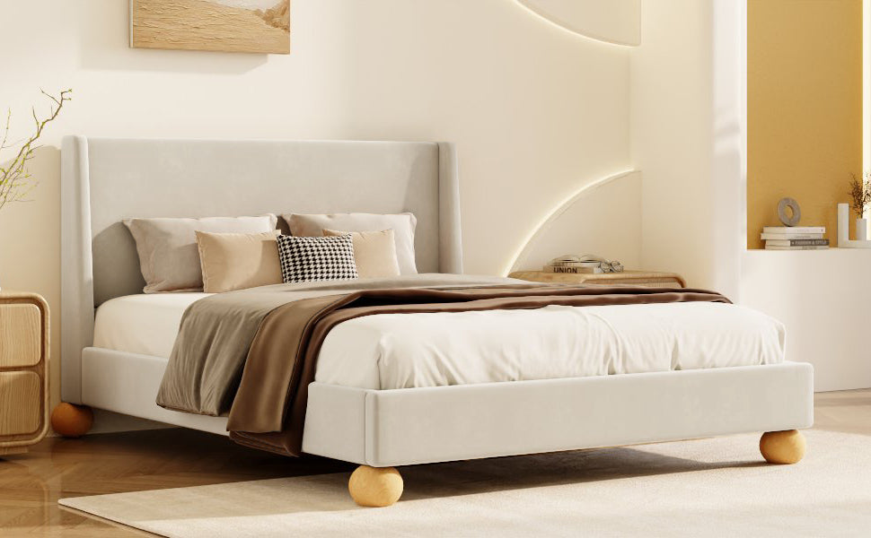 Modern Velvet Upholstered Platform Bed With Wingback Headboard And Round Wooden Legs, Cream,Queen Size Old Sku:Bs531851Aac Box Spring Not Required Queen Cream Wood Bedroom Modern Bed Frame Velvet