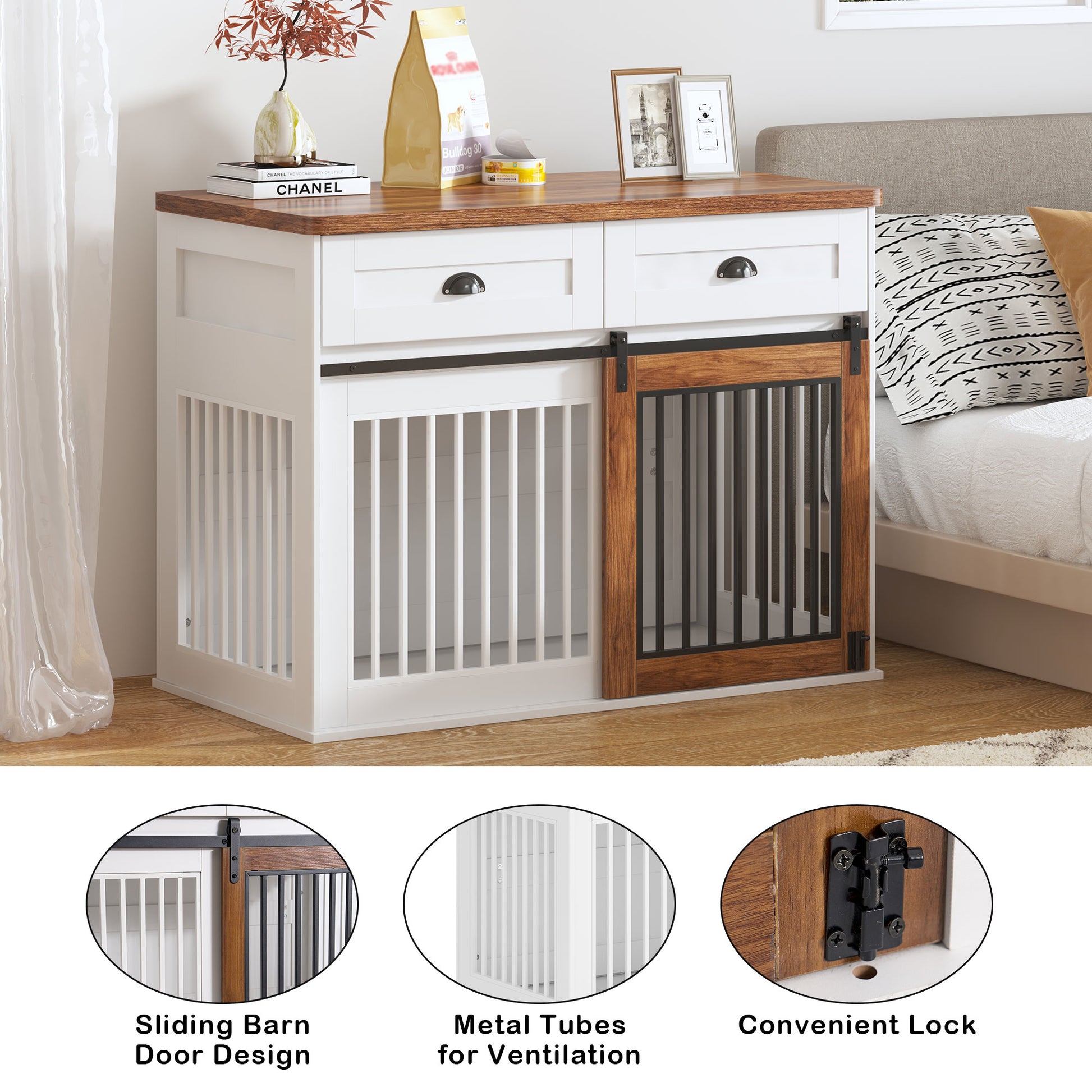 Heavy Duty Furniture Style Dog Cage Wooden Dog Cage Double Door Dog Cage Side Cabinet Dog Cage Dog Crate 44 1 2"W *23"D *33 1 4"H White Walnut Particle Board