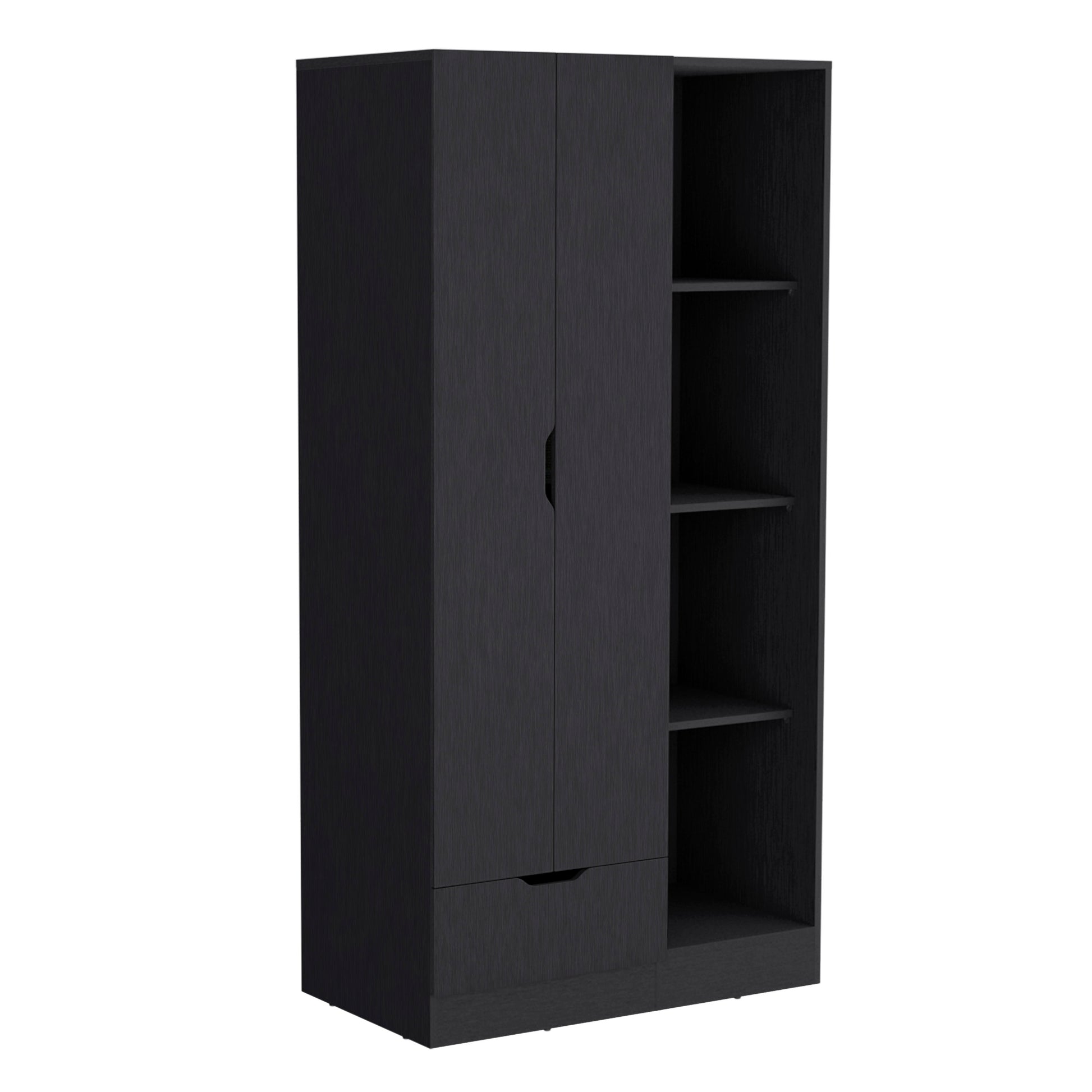 Memphis Wardrobe Armoire With 4 Tier Storage Shelves And 1 Drawer Black Black Bedroom Particle Board