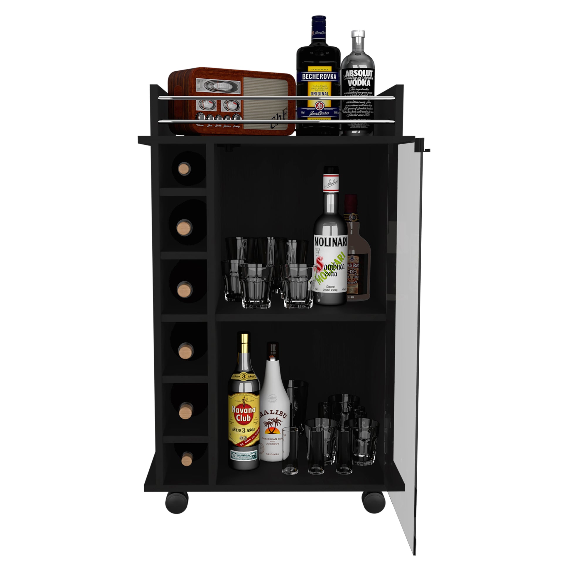 Dukat Bar Cart,Two Shelves, Six Built In Wine Rack, Four Casters Black Black Dining Room Modern Rectangular Particle Board Particle Board Medium 40 55In