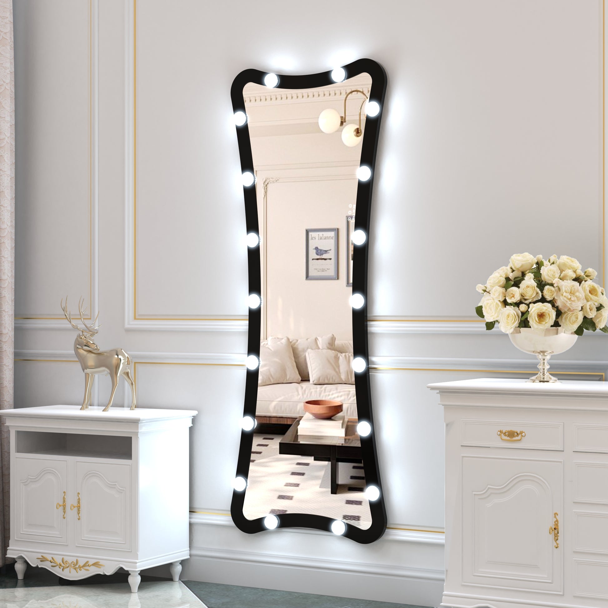 Hollywood Full Length Mirror With Lights Full Body Vanity Mirror With 3 Color Modes Lighted Standing Floor Mirror For Dressing Room Bedroom Wall Mounted Touch Control Black 63X24Inch Black Aluminium