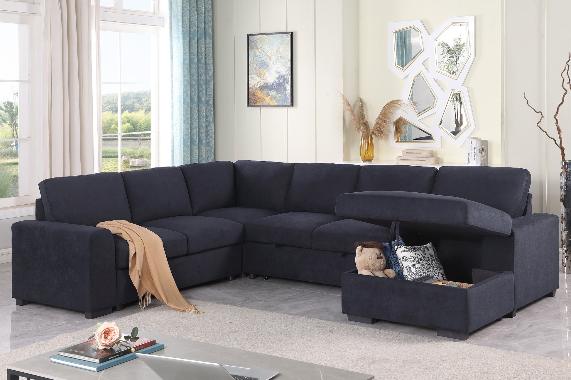 Selene Ii 117.5"W Dark Gray Woven Fabric Sleeper Sectional Sofa With Right Facing Storage Chaise Dark Gray Fabric 6 Seat