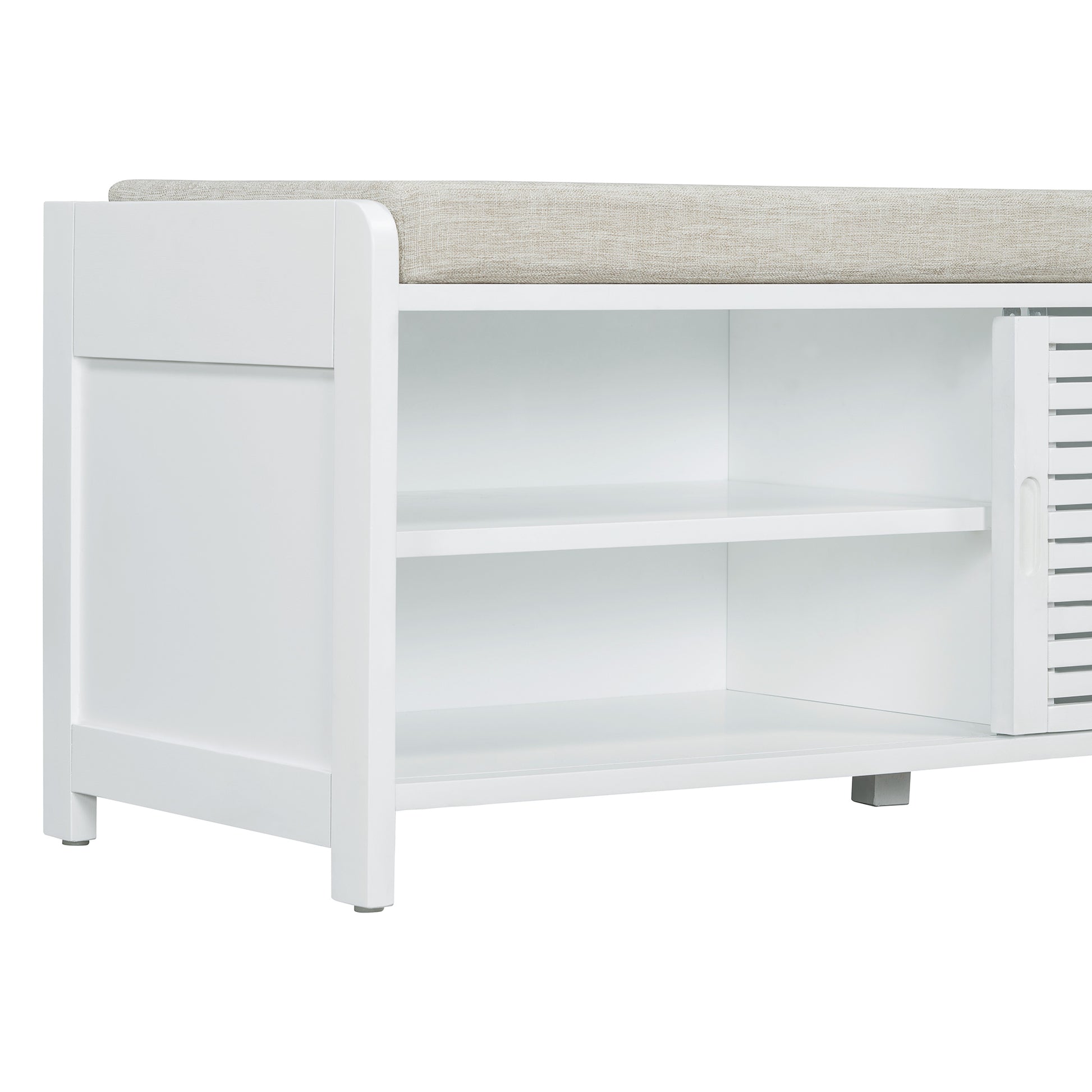 Distressed Shutter Storage Bench With Acacia Veneer For Retro Charm For Living Room, Entryway White White Mdf