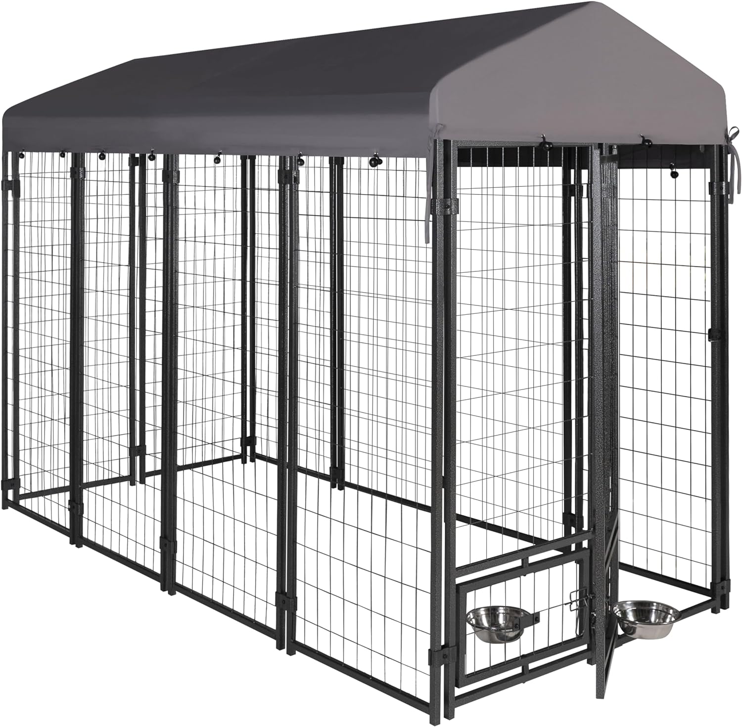 Outdoor Dog Kennel, 8' X 6' X 4' With Waterproof Heavy Duty Metal Dog Cage,Large Size W Rotate Feeding Doors & Upgraded Canopy For Medium Big Dog Grey Outdoor Kennel Metal