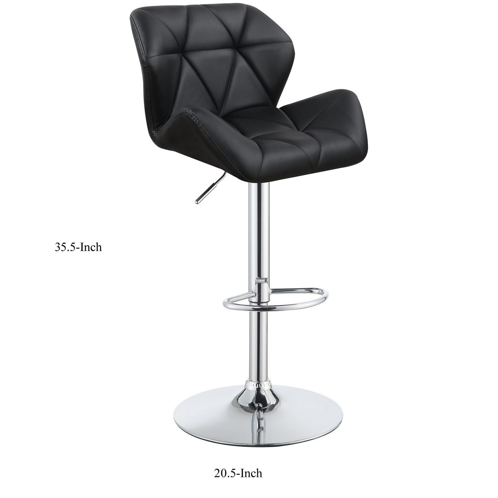 Adjustable Diamond Bar Stool With Chrome Base, Black ,Set Of 2 Black Silver Fabric Metal