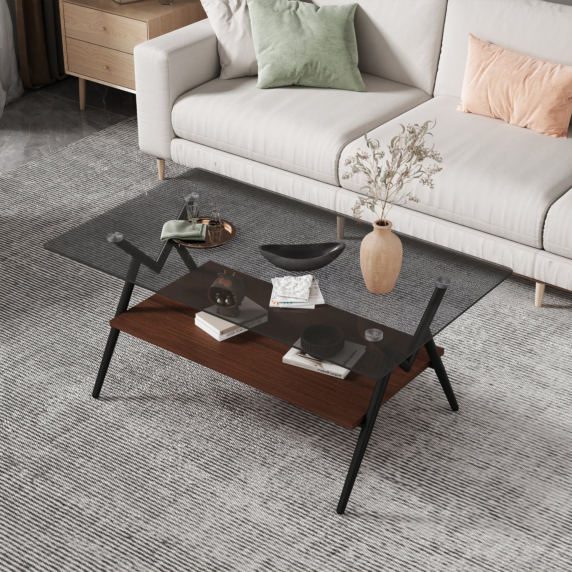 Rectangle Coffee Table With Tempered Glass Top And Brown Mdf Shelf, Modern Table For Living Room, Gray Glass Gray Tempered Glass