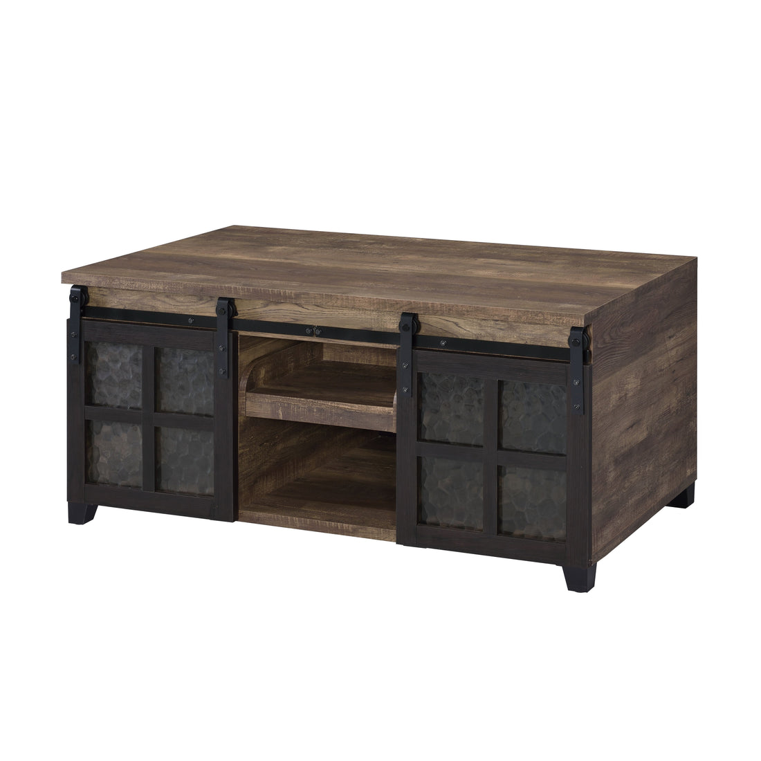 Rustic Oak And Black Coffee Table With Sliding Doors Rustic Primary Living Space Oak Rectangular Wood Metal