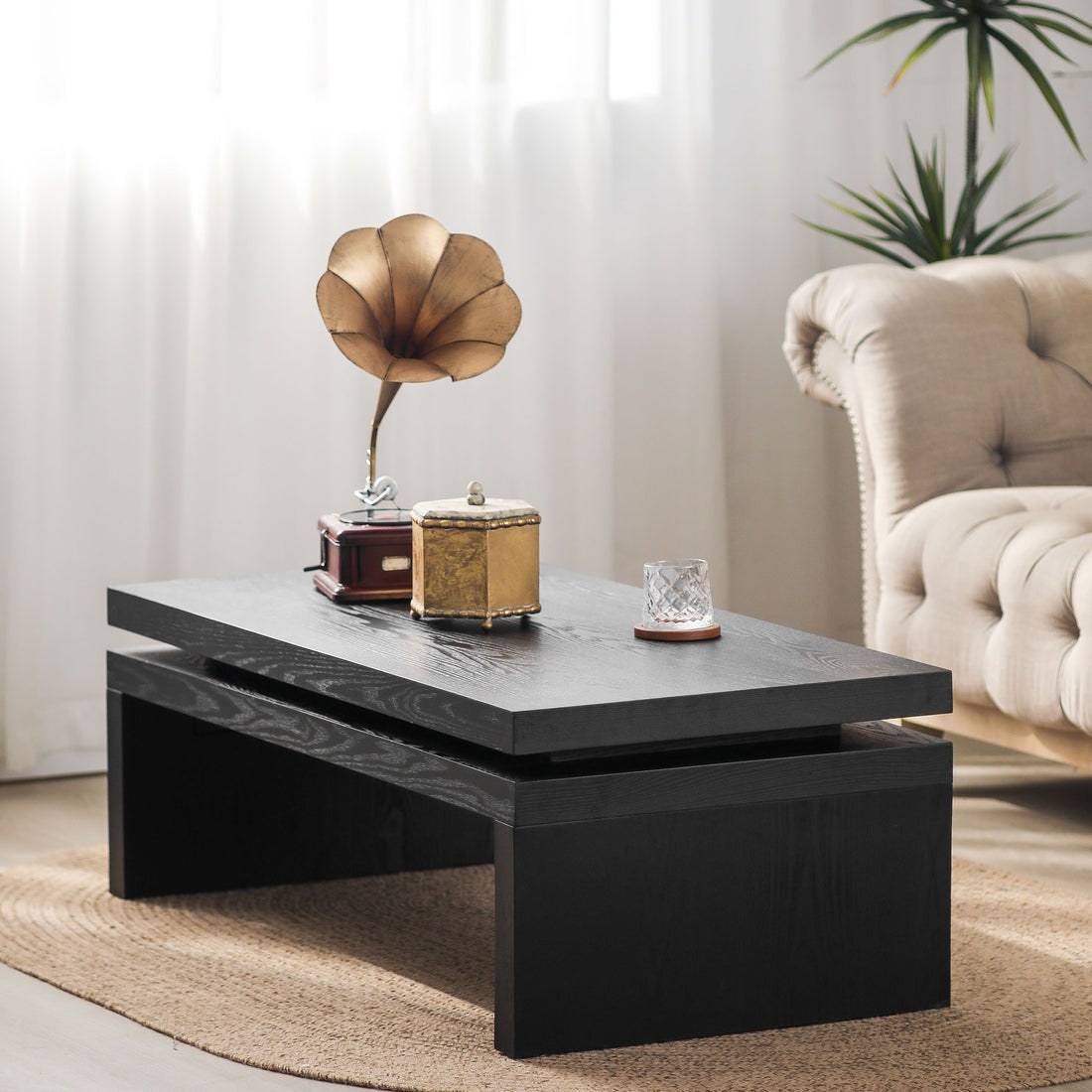 Modern Coffee Table, Black Wooden Coffee Table, Rectangle Cocktail Tea Table For Living Room, 47.6" L* 23.6" W * 16.3" H Antique Black,Black Desk Top Distressed Finish Dining Room Classic,Farmhouse,Industrial,Modern Floor Mount Ash Rectangular Coffee &