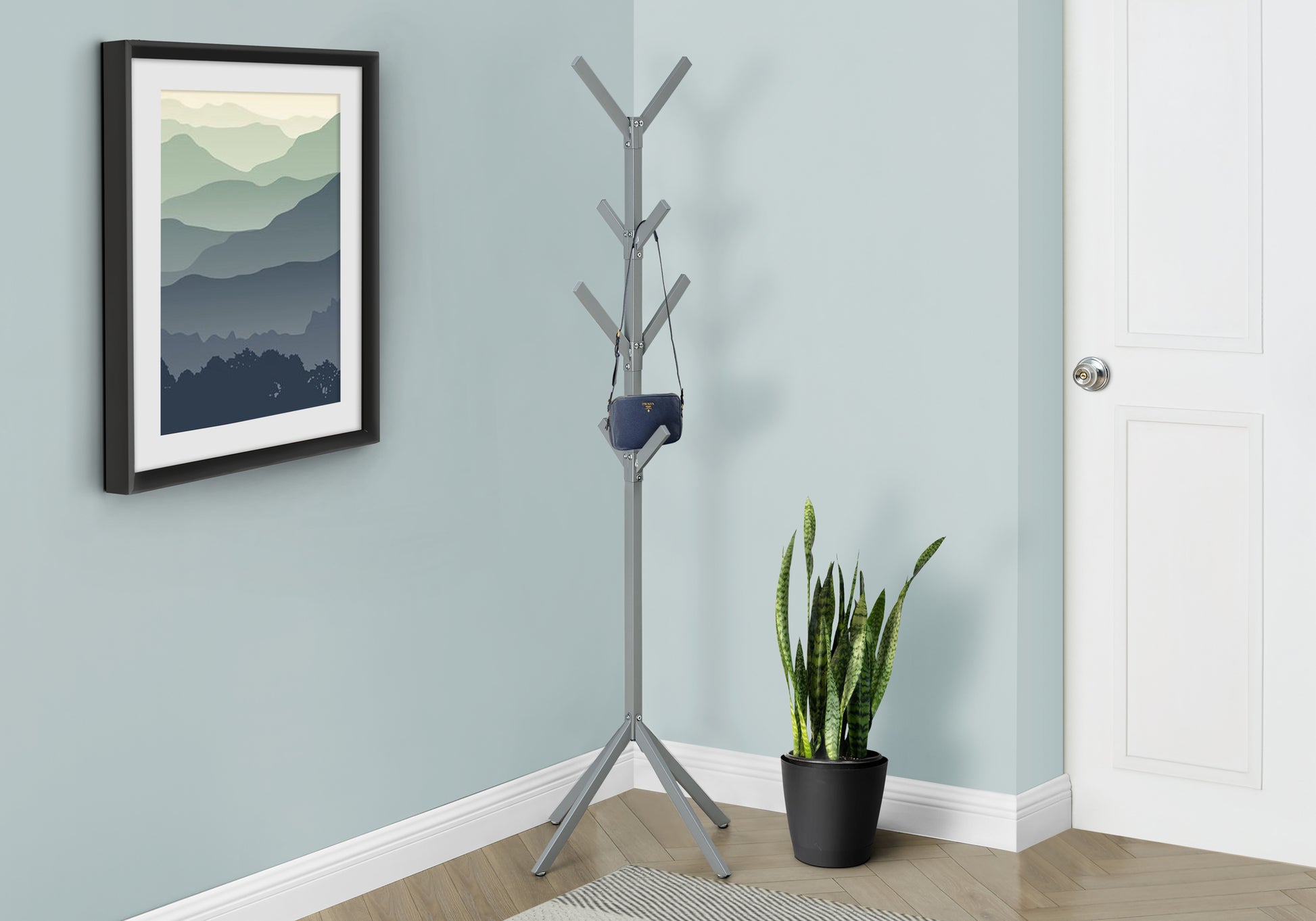 Coat Rack, Hall Tree, Free Standing, 8 Hooks, Entryway, 70"H, Bedroom, Grey Metal, Contemporary, Modern Silver Metal