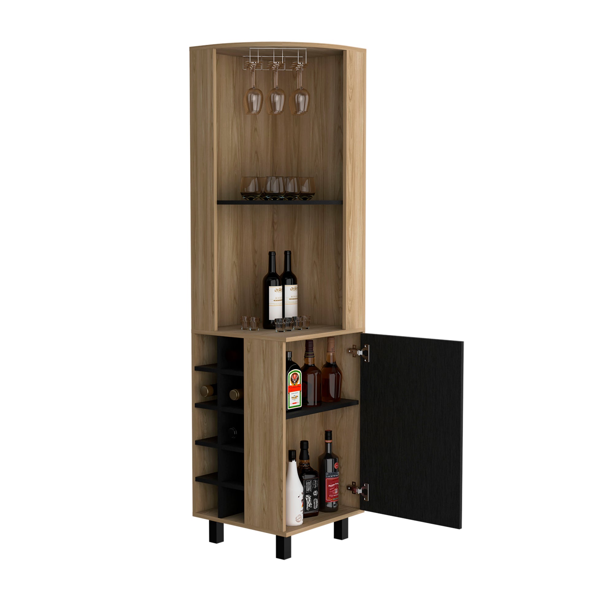 Kaia 70" Tall Corner Bar Cabinet With Four Shelves, Ten Wine Bottle Cubbies And Stemware In Black Pine Multi Primary Living Space Modern Particle Board