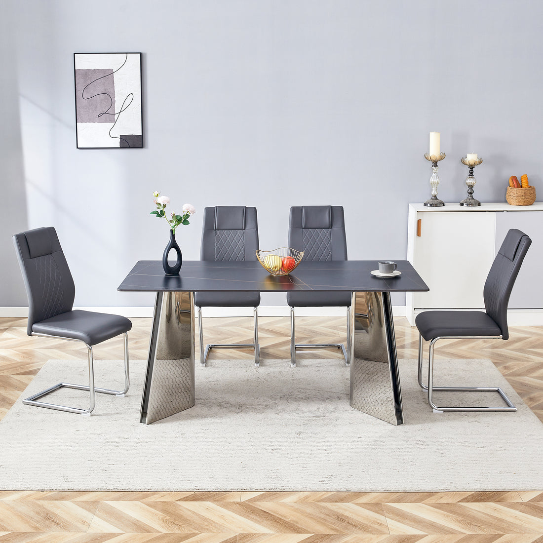 Table And Chair Set.63"X31.5X30" Black Marble Patterned Slabs Tabletop With Stainless Steel Butterfly Legs.Paried With 4 Dark Gray High Quality Pu Chairs With Silver Metal Legs. Dark Gray,Silver