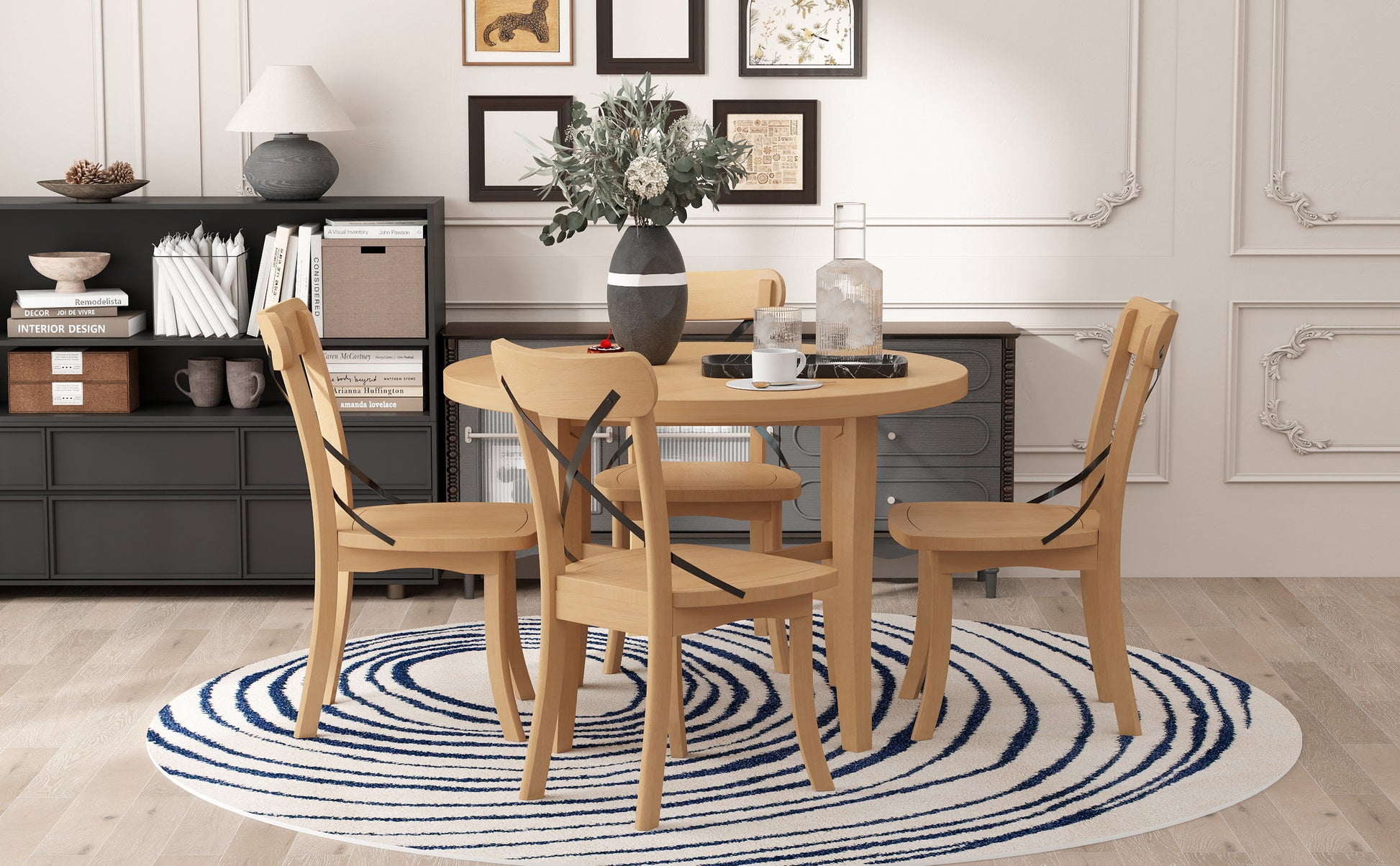 5 Piece Dining Set, Retro Simple Round Table And 4 Chairs With X Shaped Backrest For Kitchen, Dining Room And Living Room Natural Natural Rubber Wood