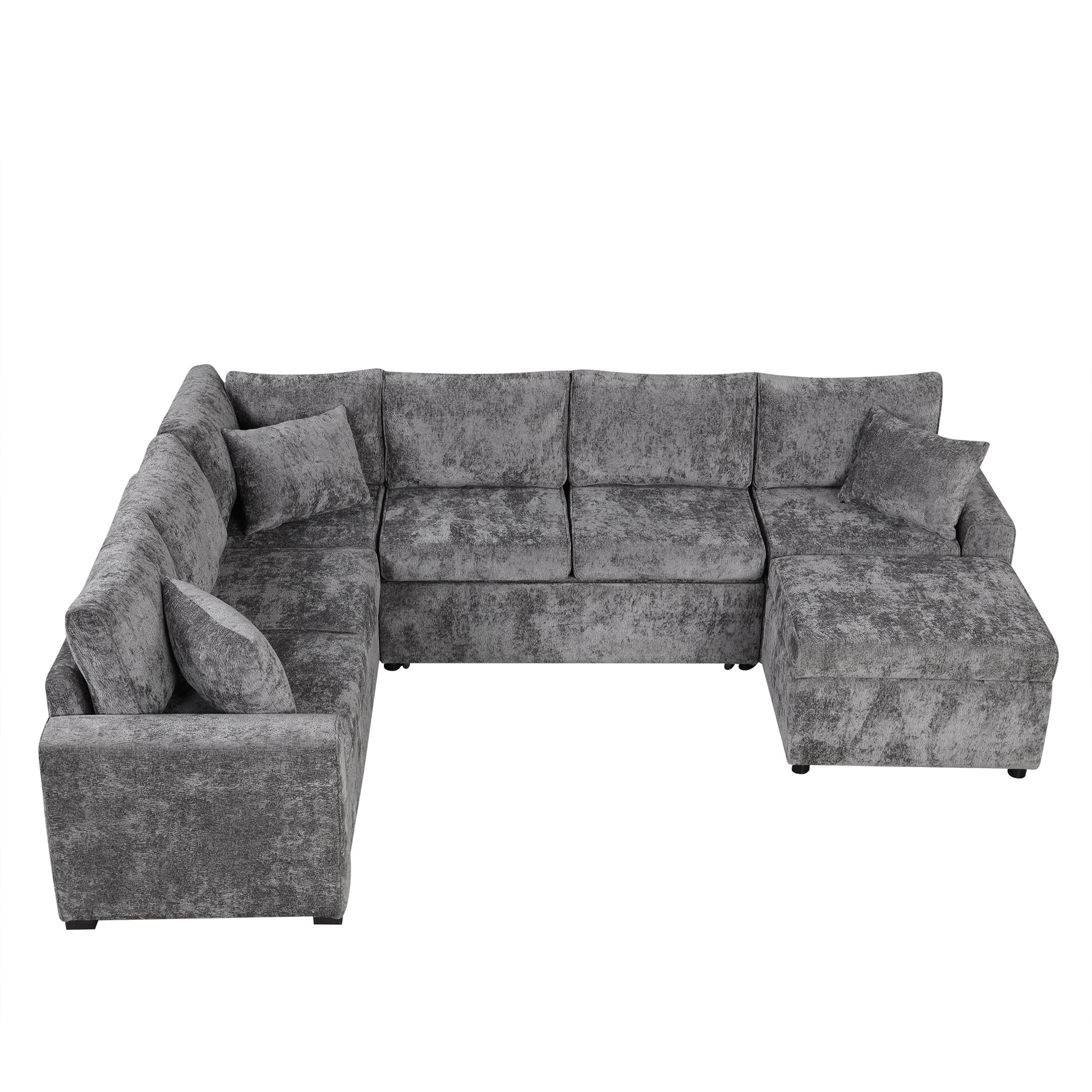 112.2" Sectional Sofa Pull Out Sofa Bed Sleeper With A Storage Ottoman,Three Pillows And Charging Devices For Living Room, Grey Grey Foam Chenille 6 Seat