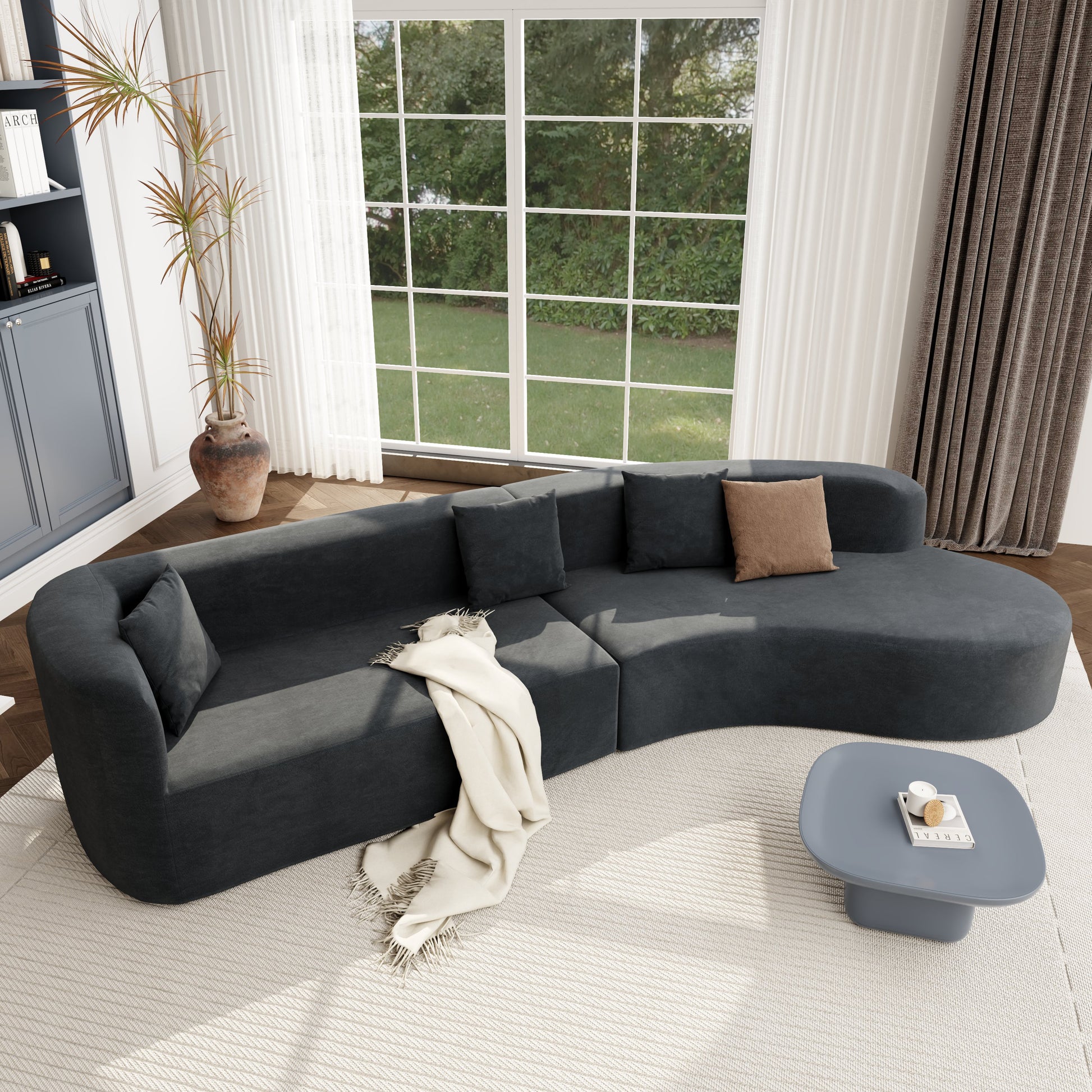 Modern Large 2 Piece Sectional Sofa With 3 Pillows,For Living Room, Bedroom Gray Polyester 2 Seat