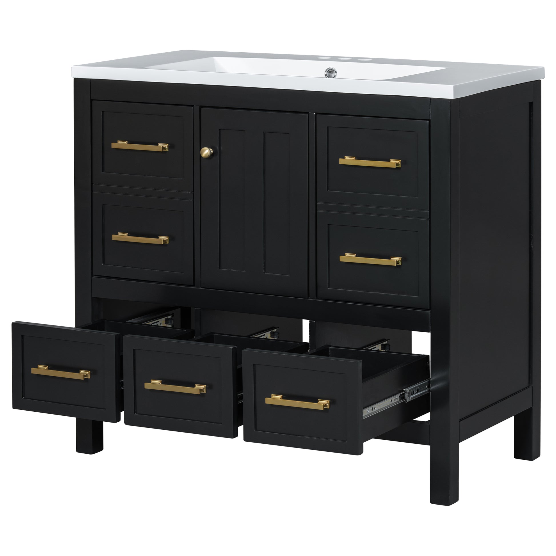 36'' Bathroom Vanity With Resin Sink Combo, Solid Wood Frame Bathroom Storage Cabinet, Freestanding Vanity Set With 5 Drawers& Soft Closing Doors Same As N710S136002B Black Bathroom Solid Wood Mdf Resin