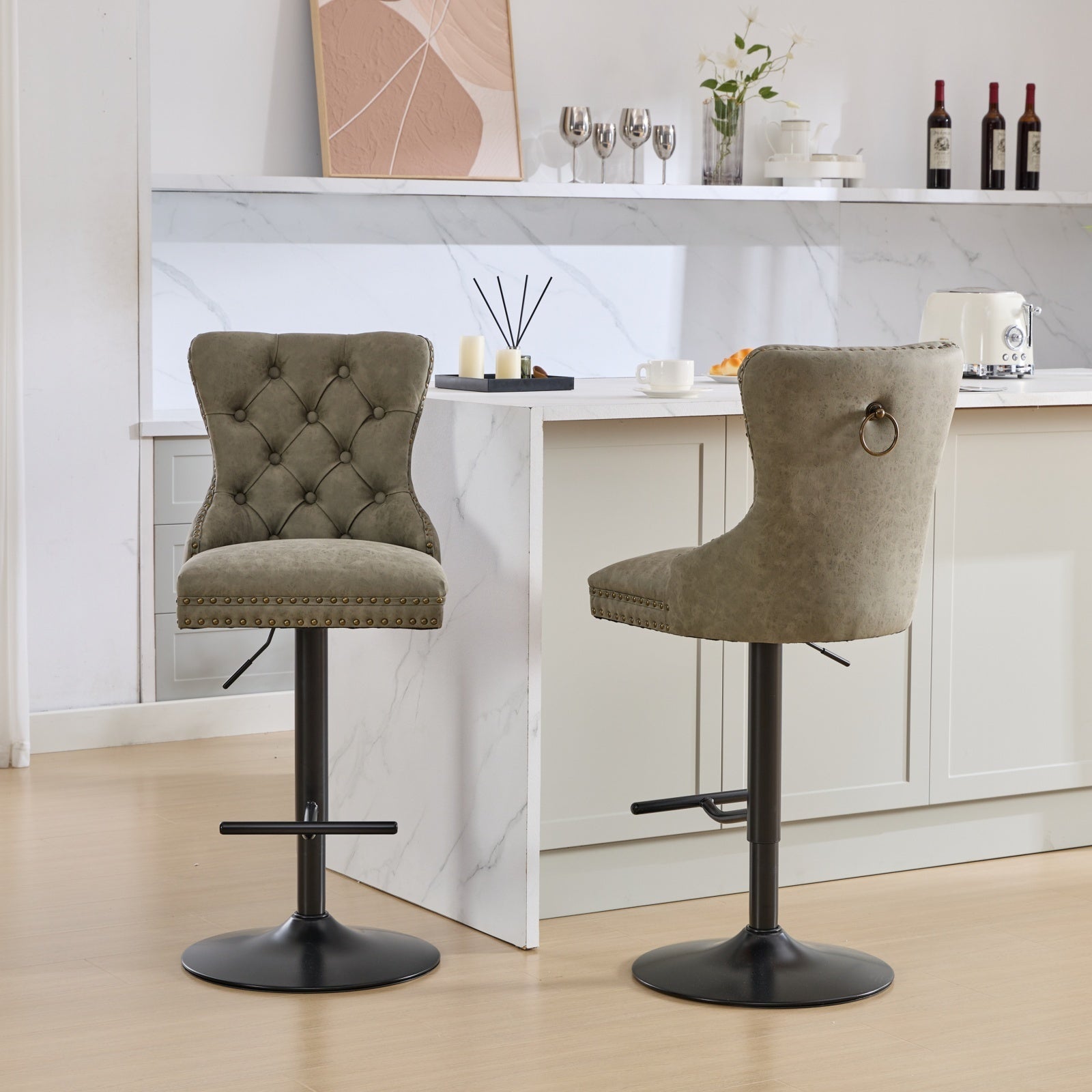 Aged And Retro Pu Swivel Barstools Adjusatble Seat Height From 25 33 Inch, Modern Bar Stools With Backs Comfortable Tufted For Home Pub And Kitchen Island Olive Green,Set Of 2 Olive Green American Design Bar Stools Set Of 2 Foam Pu Leather