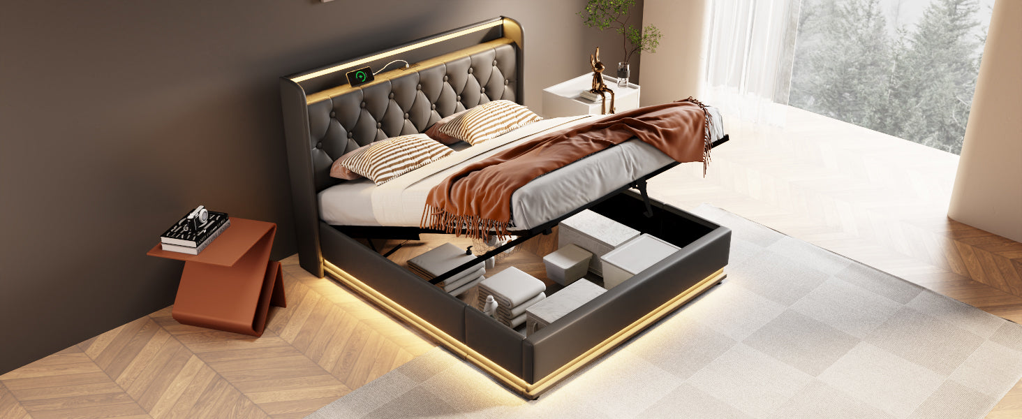 Full Size Upholstered Bed, 360 Surround Led Function, Buttons Apps Remote Control, Hydraulic Storage Bed With Usb Type C Charging, Black,Pu Without Mattress Full Black Pu