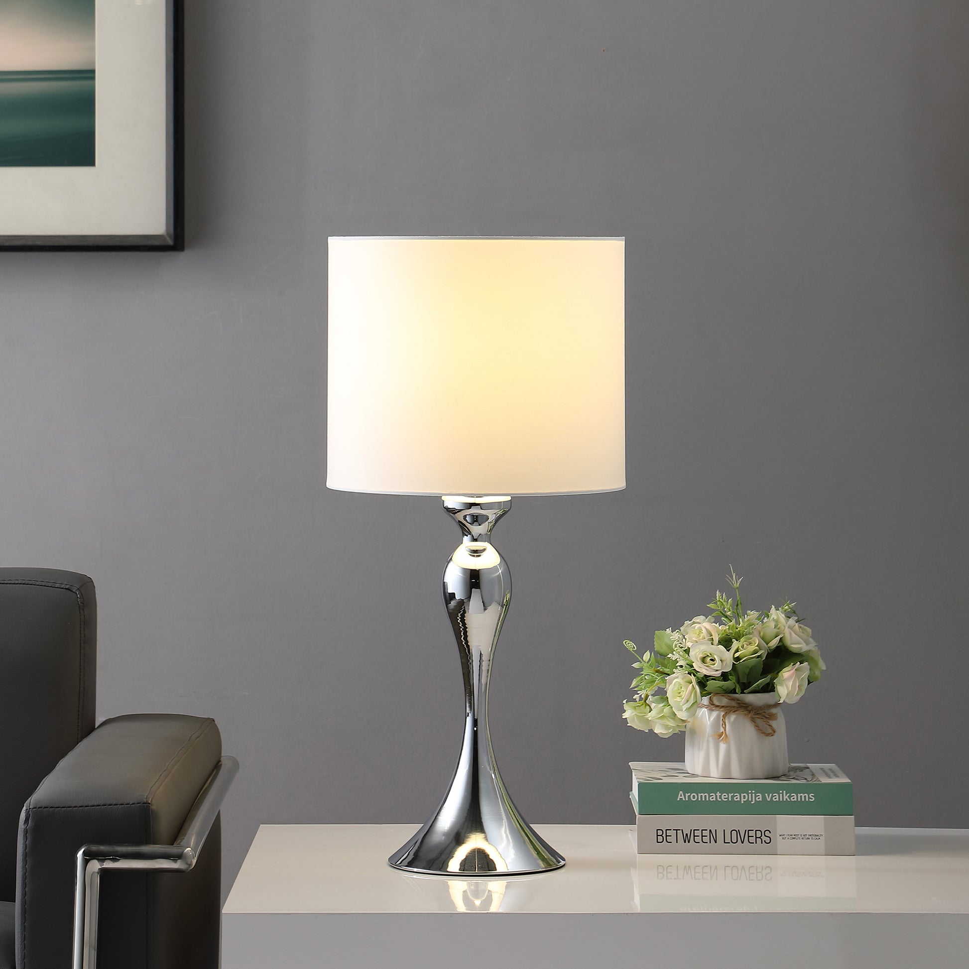 24.5" In Bailey Dark Silver Chrome Modern Candlestick Metal Table Lamp Silver Fabric Metal