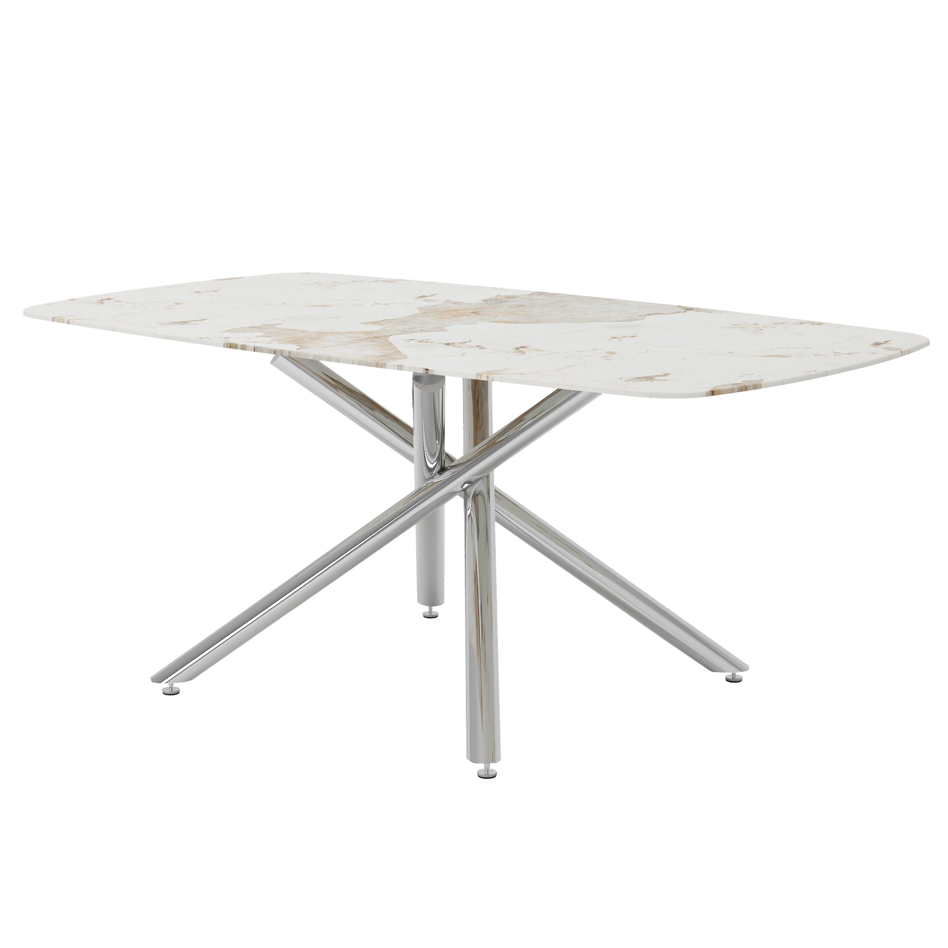 Large Modern Minimalist Rectangular Dining Table With 0.39 "Imitation Marble Tabletop And Silver Metal Legs, Suitable For Kitchens, Restaurants, Living Rooms, Conference Rooms, And Banquet Halls 1537 Silver Glass Metal