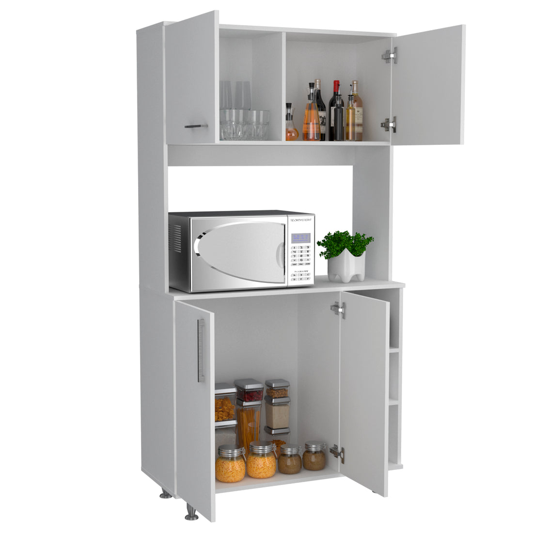 Kitchen Pantry Double Door Cabinet, Four Legs, Three Shelves, White White Solid Wood Mdf Engineered Wood